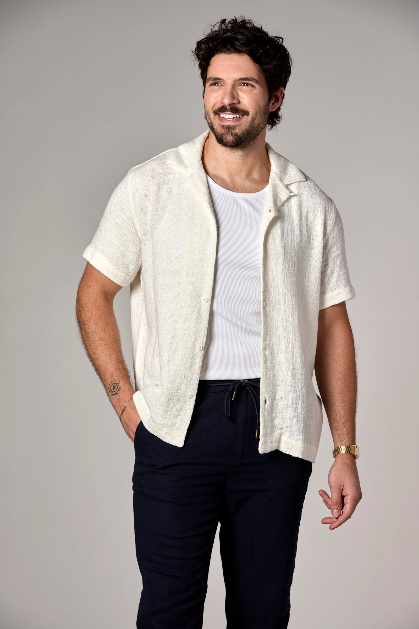 Lora Bahamas Cotton/Linen Camp Shirt Off White