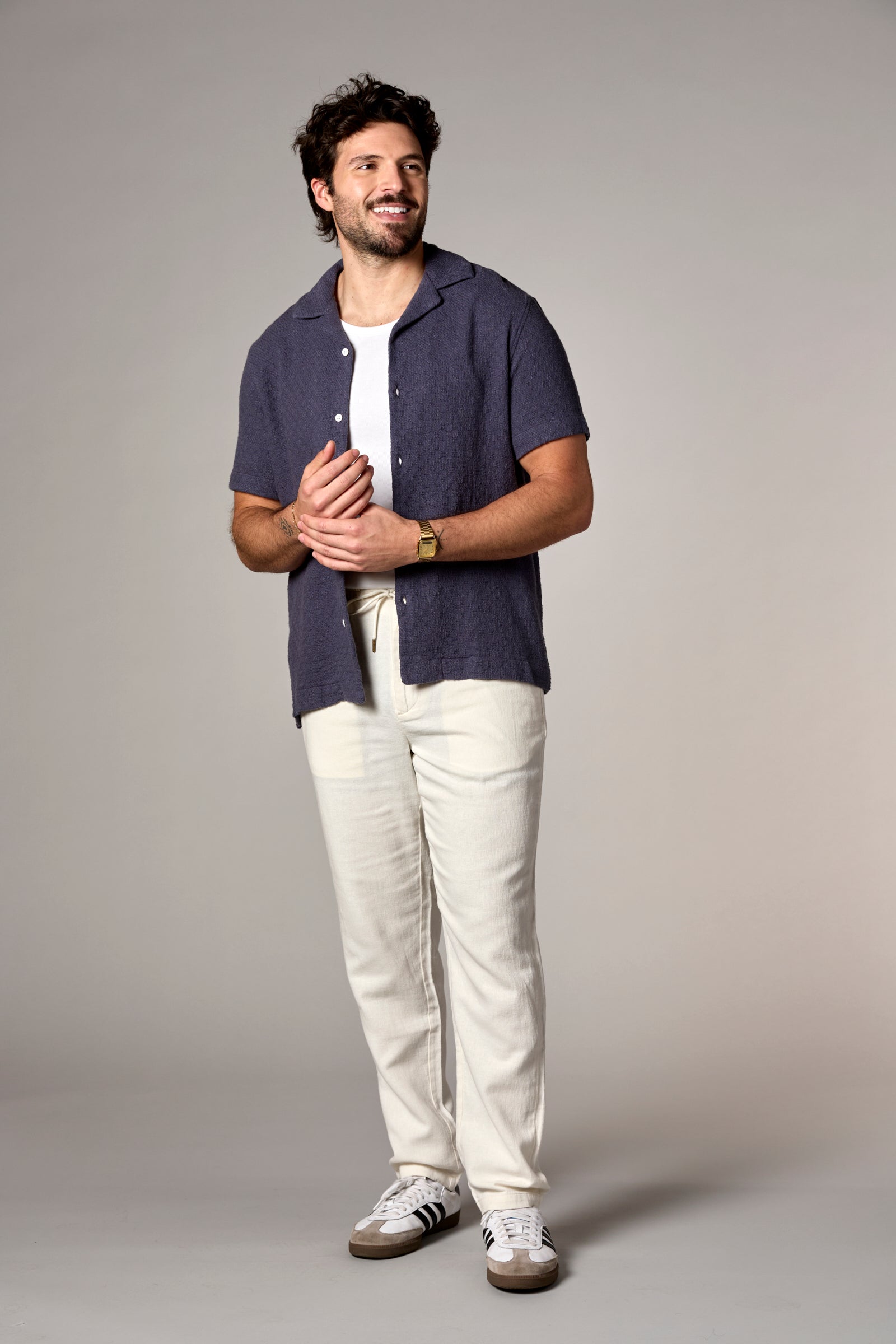 Bahamas S/S Garment Dyed Cotton/Linen Camp Shirt Navy