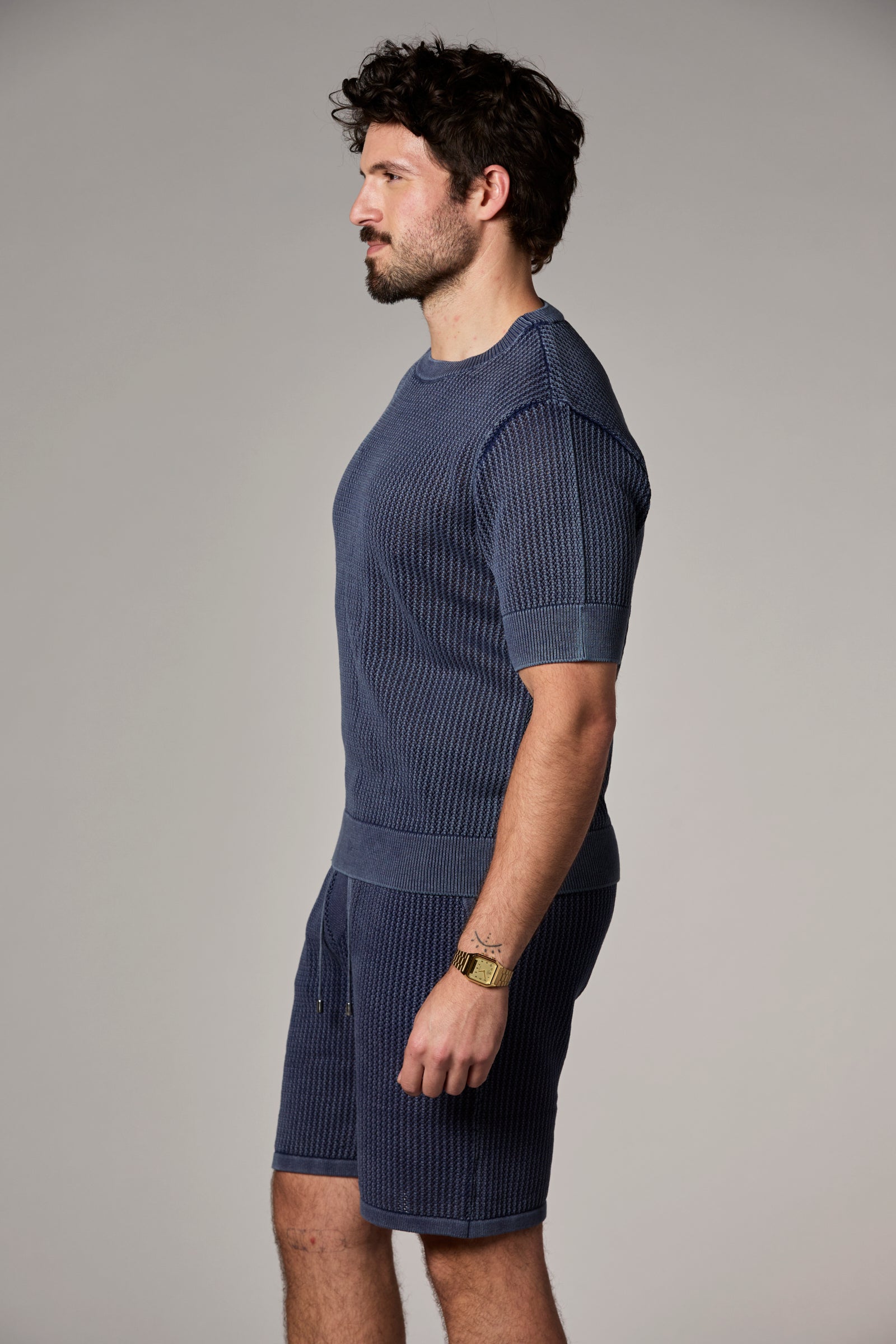 Vertical Knit Textured Tee Navy