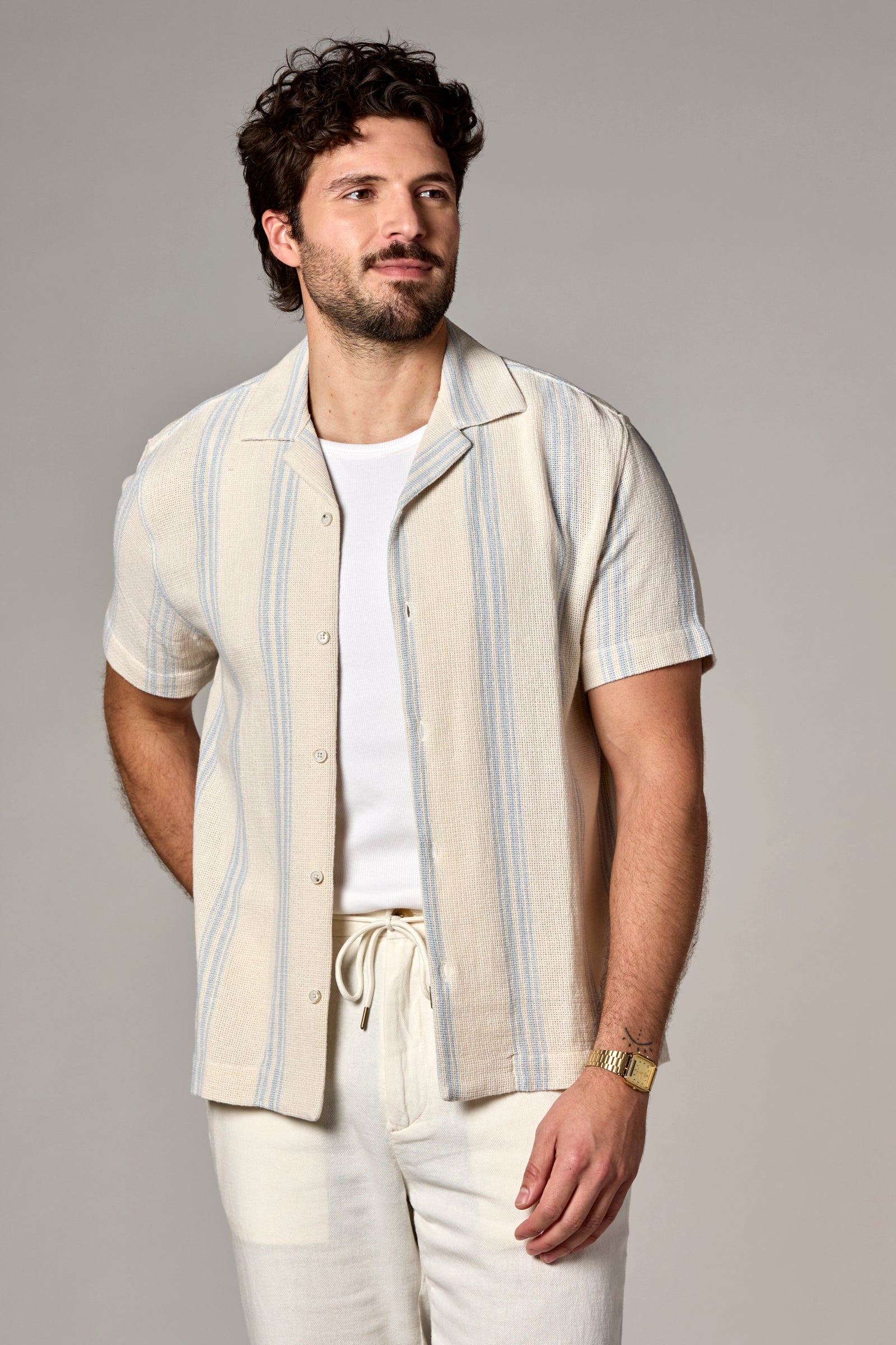 Bahamas S/S Striped Camp Shirt Light Blue/Ecru Stripe