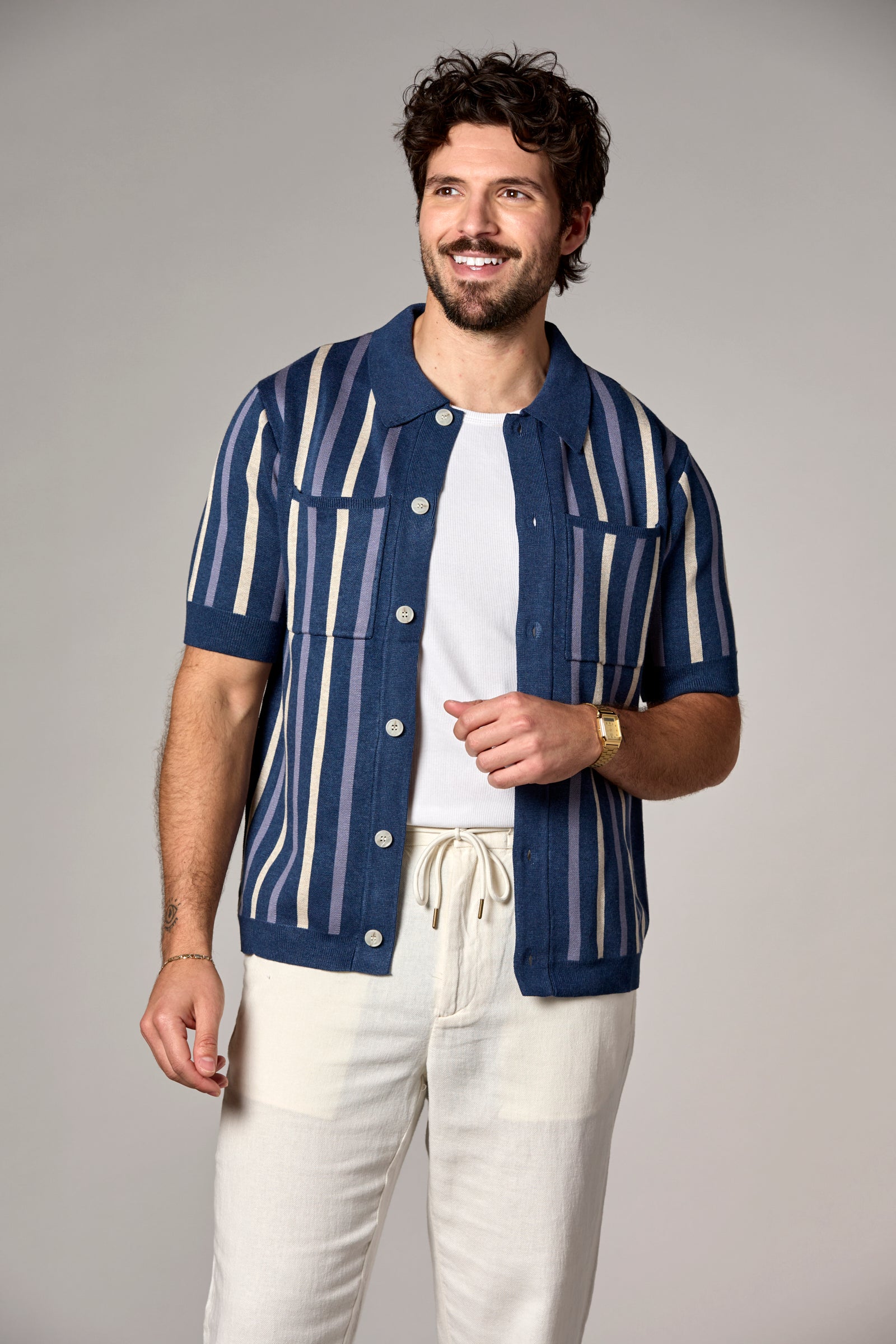 Striped Knit Shirt Navy Multi