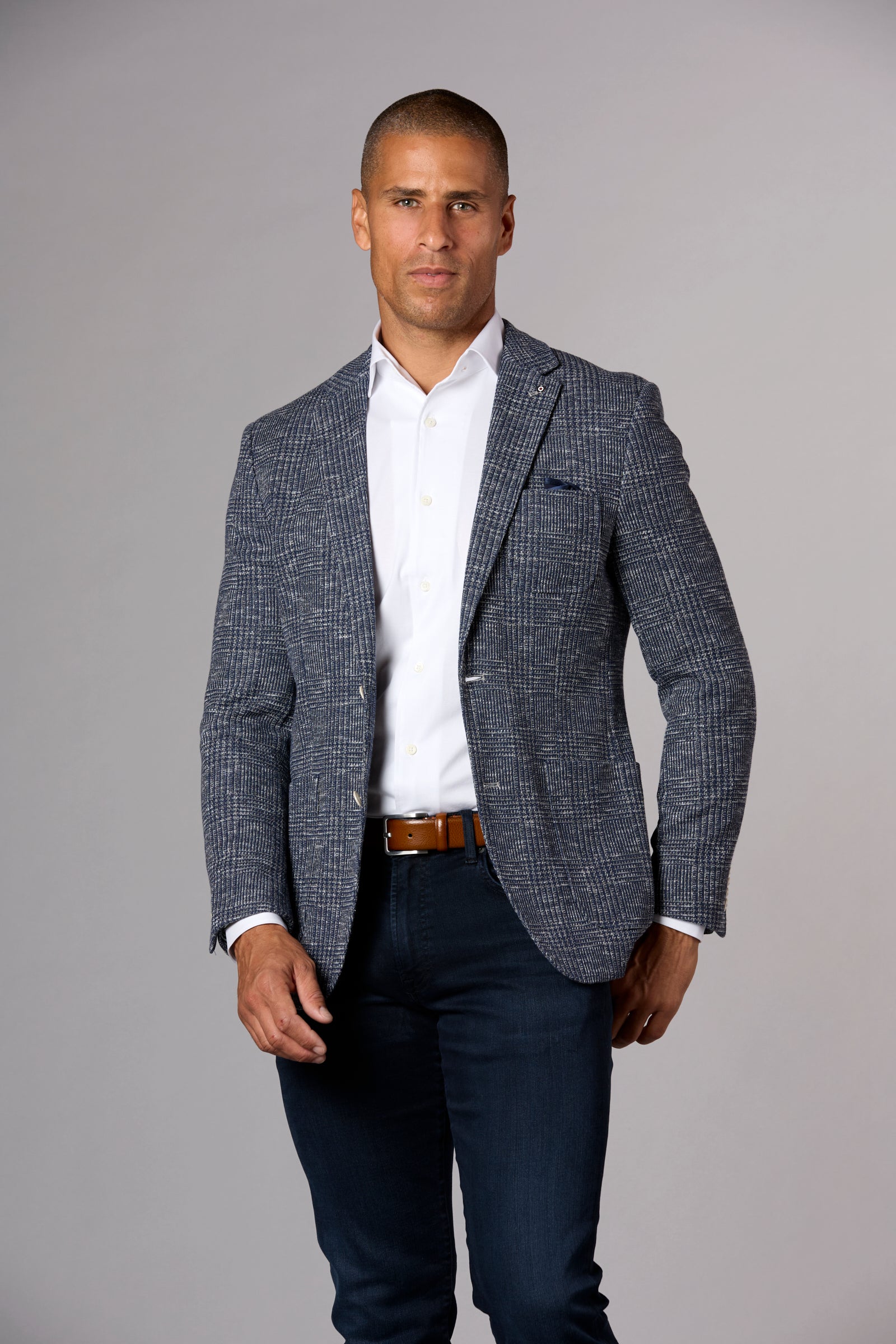 Textured Plaid Stretch Jacket Navy