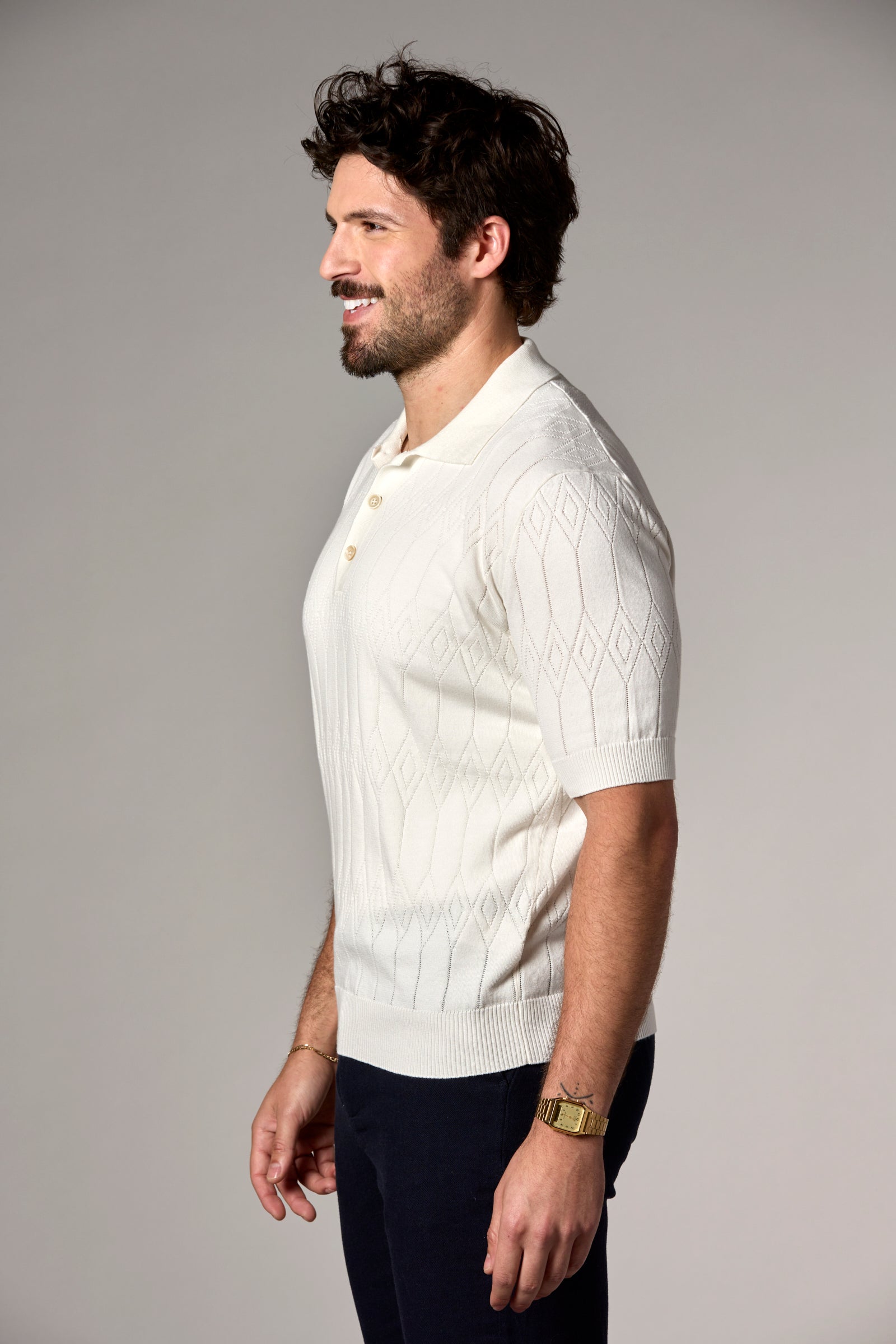 Pointelle Knit Polo Off-White