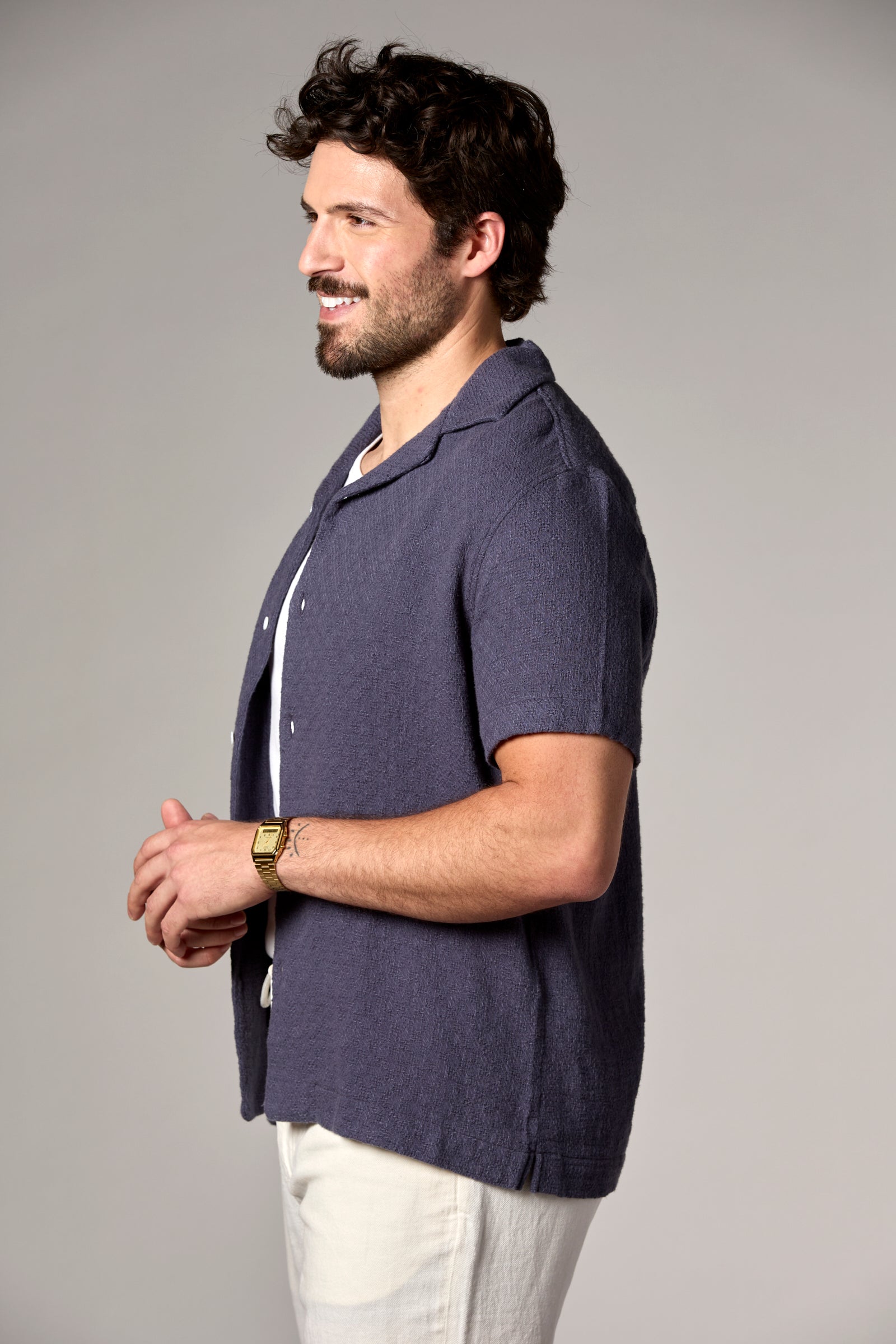 Bahamas S/S Garment Dyed Cotton/Linen Camp Shirt Navy