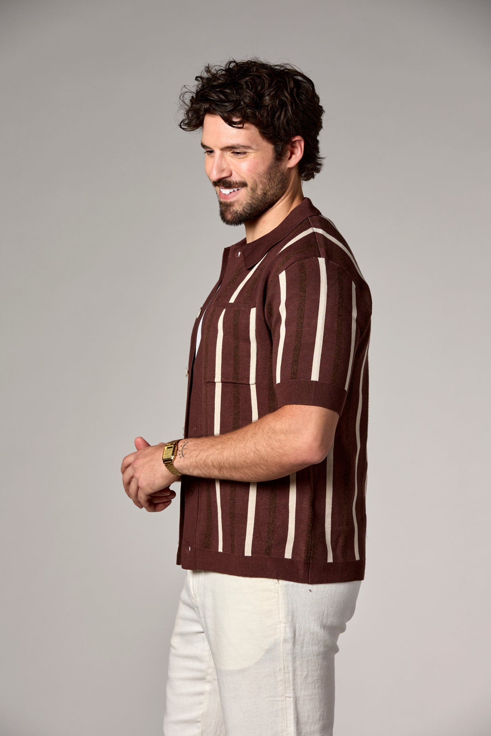 Striped Knit Shirt Taupe Multi