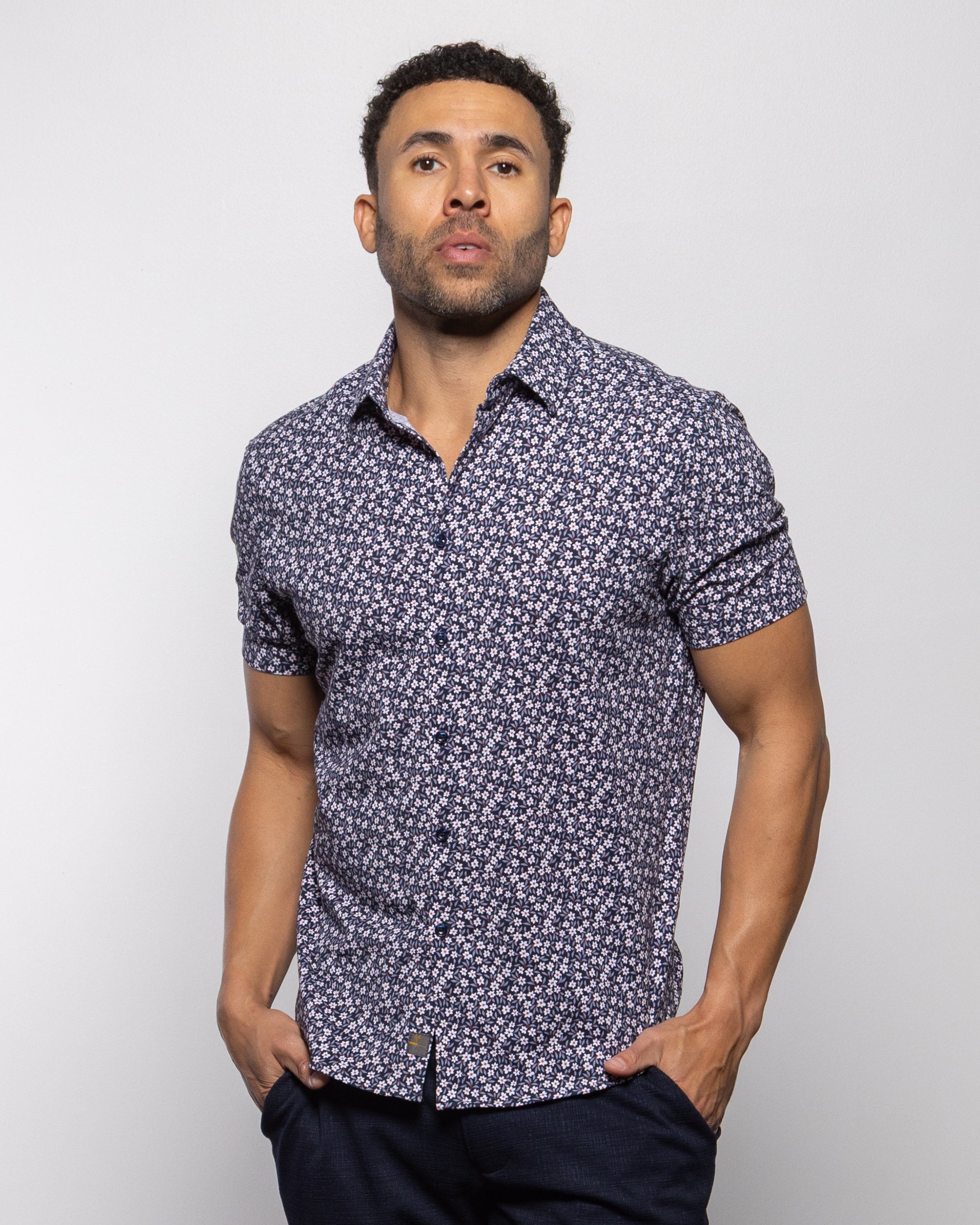 Bello Small Flower Short Sleeve Shirt Indigo Night