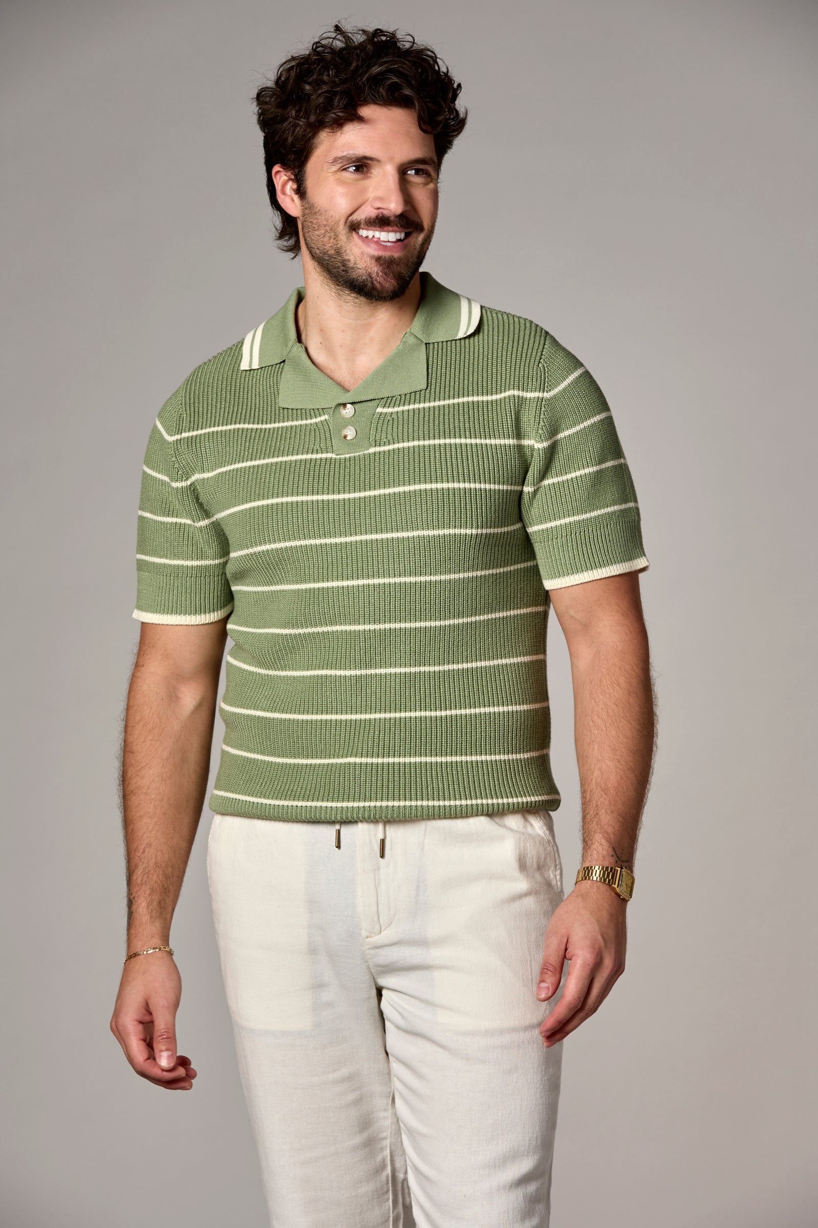 Striped Knit Polo Moss Multi