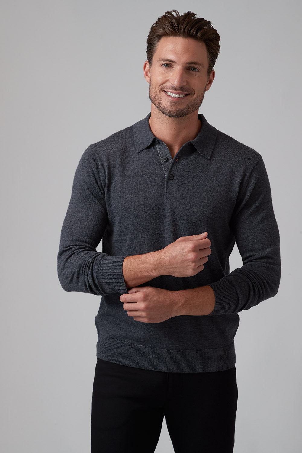 3 Button Merino Polo Charcoal