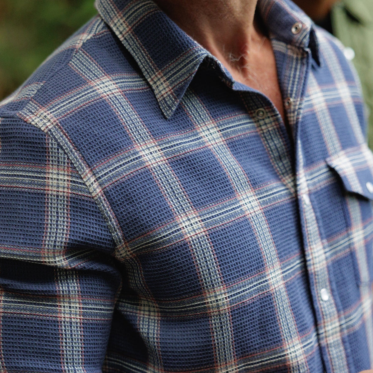 Waffle Plaid Pearl Snap Shirt Navy Plaid