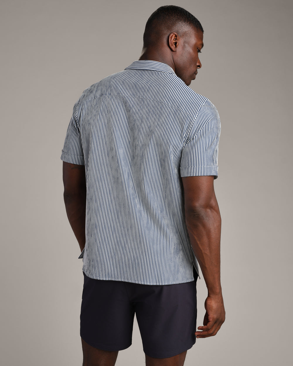 Commuter Seersucker Camp Shirt Navy Stripe