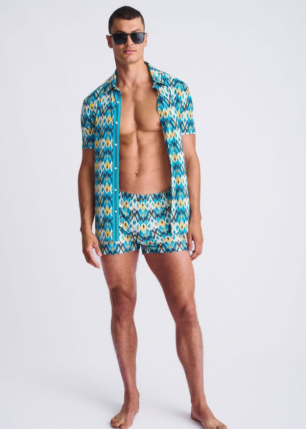 Printed Seersucker Swim Shorts Teal/Gold Diamonds