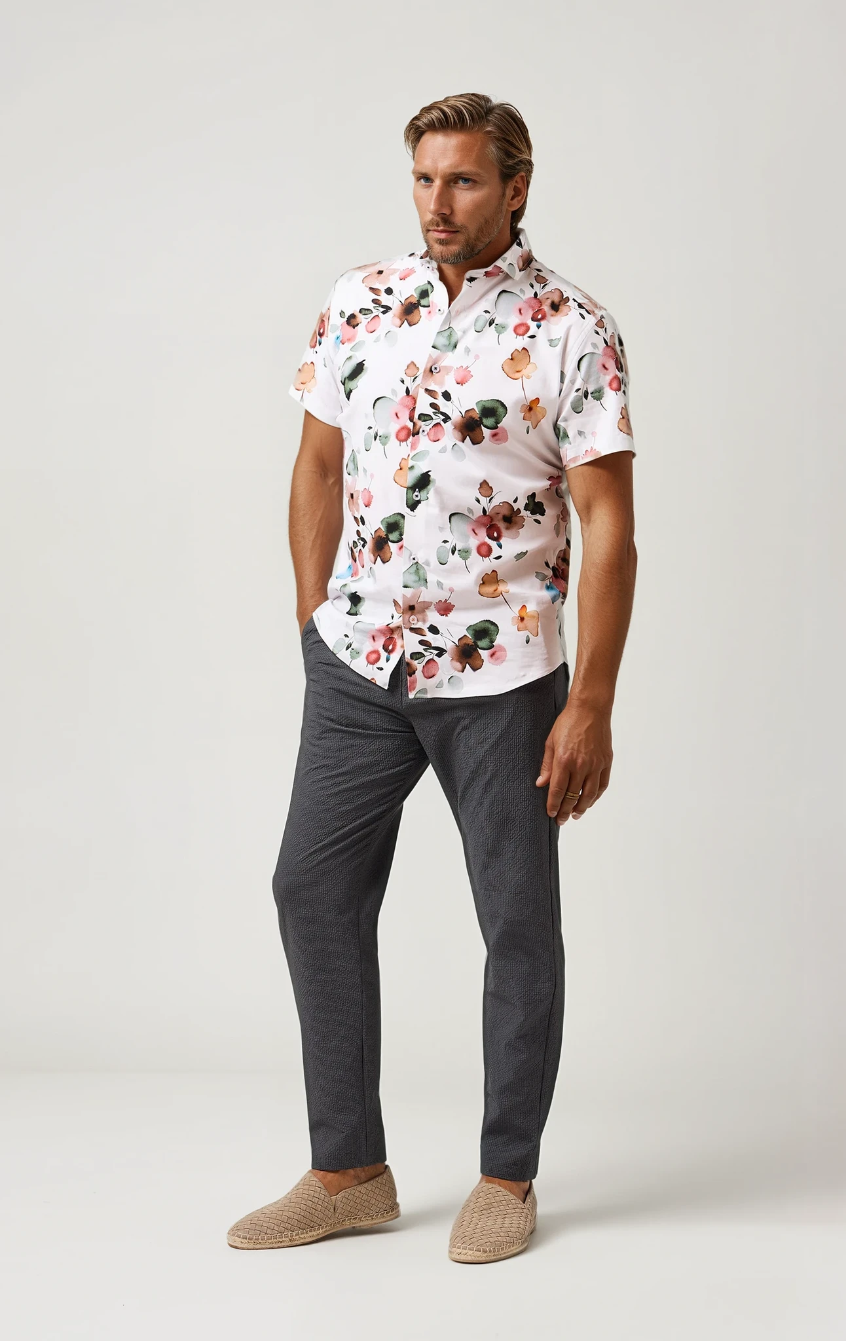 Tencel Stretch Watercolor Floral Shirt White