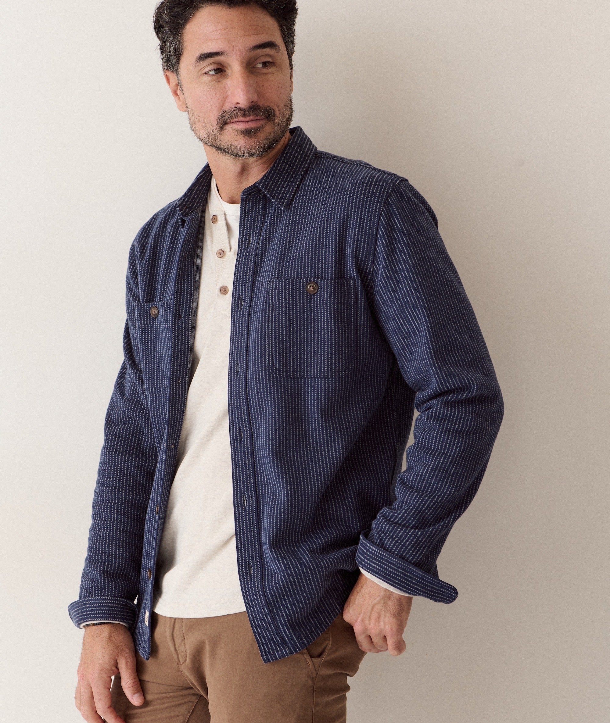 Pacifica Stretch Twill Overshirt Navy Railroad Stripe