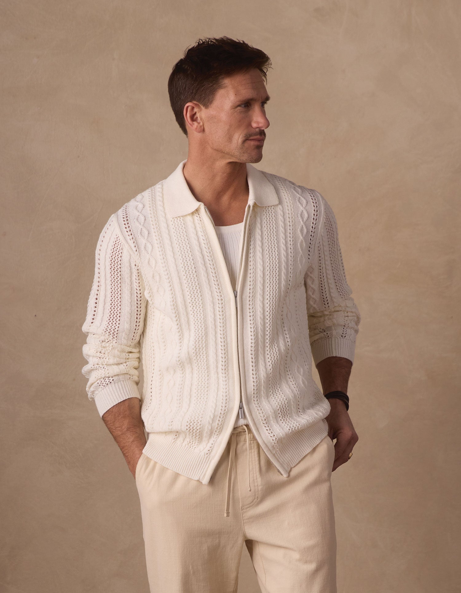 Jacquard Zip Front Cardigan Ivory