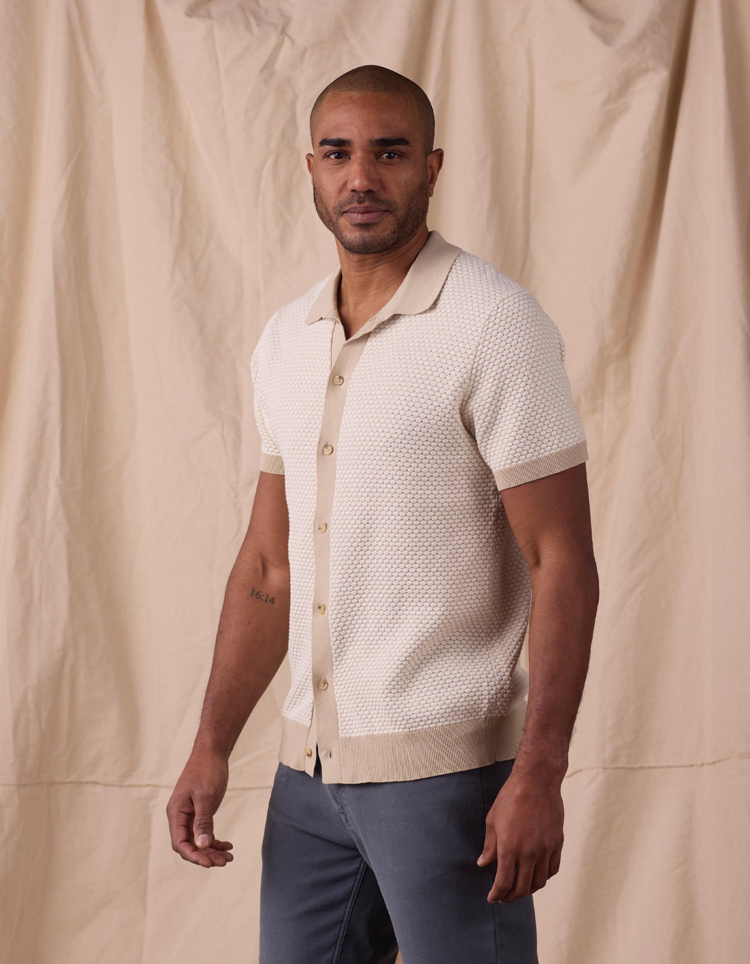 Robles Knit Jacquard Button Up Ivory/Khaki