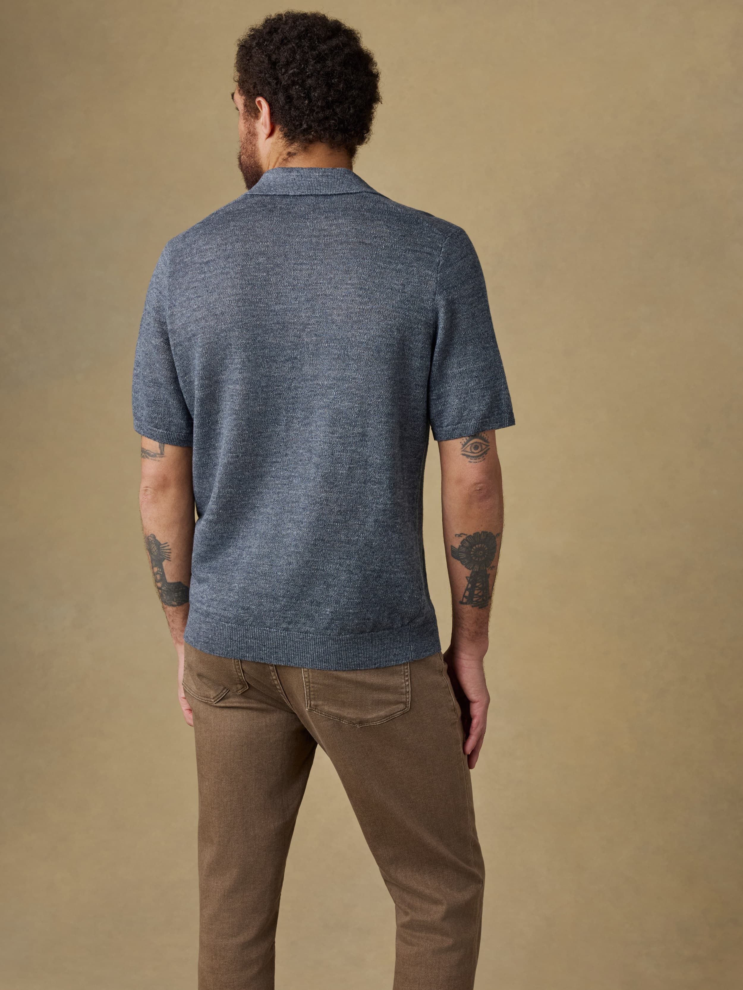 Short Sleeve Linen Sweater Polo Caribbean Navy Melange