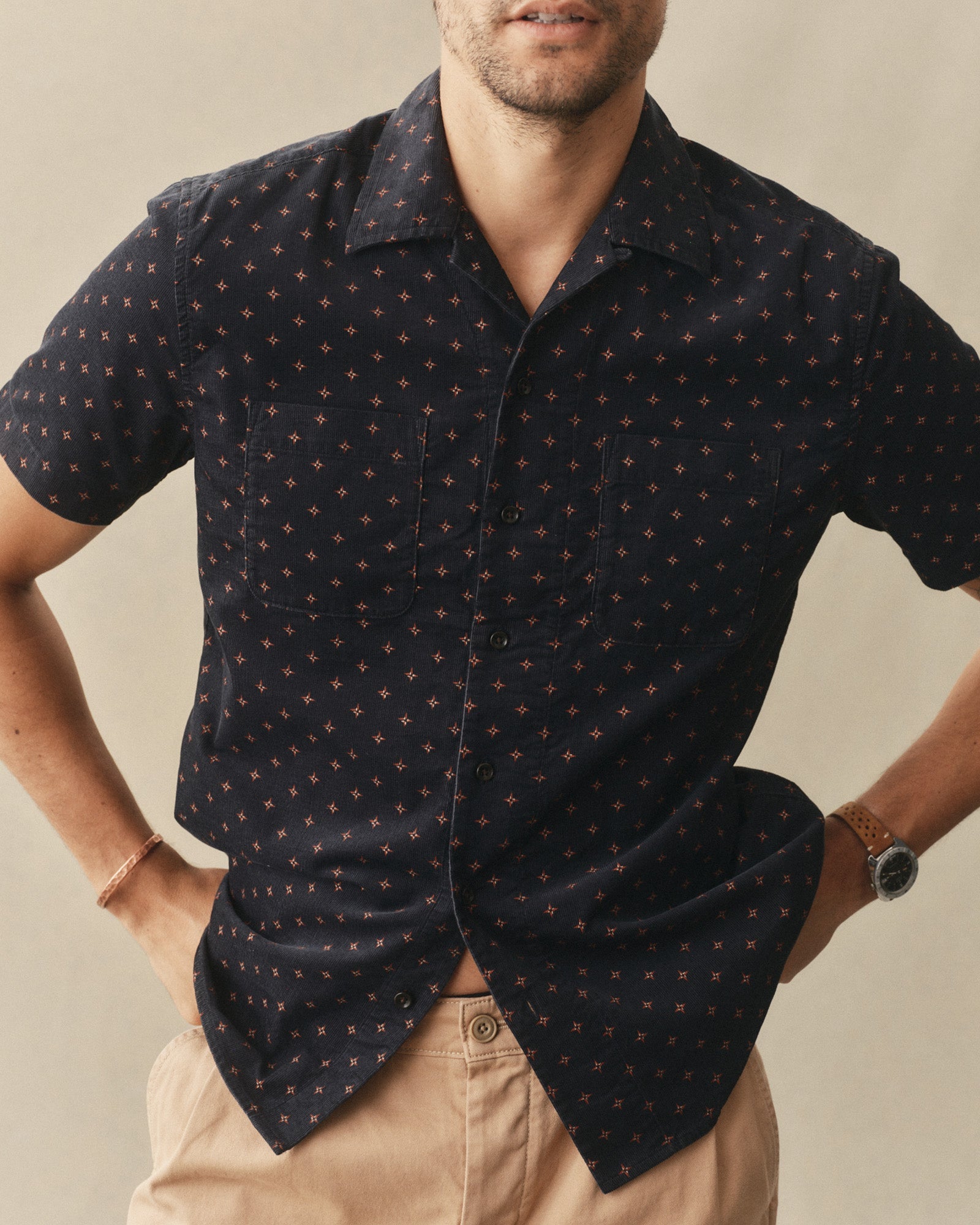 The Short Sleeve Conrad Shirt Navy Pigeon Foulard Pincord