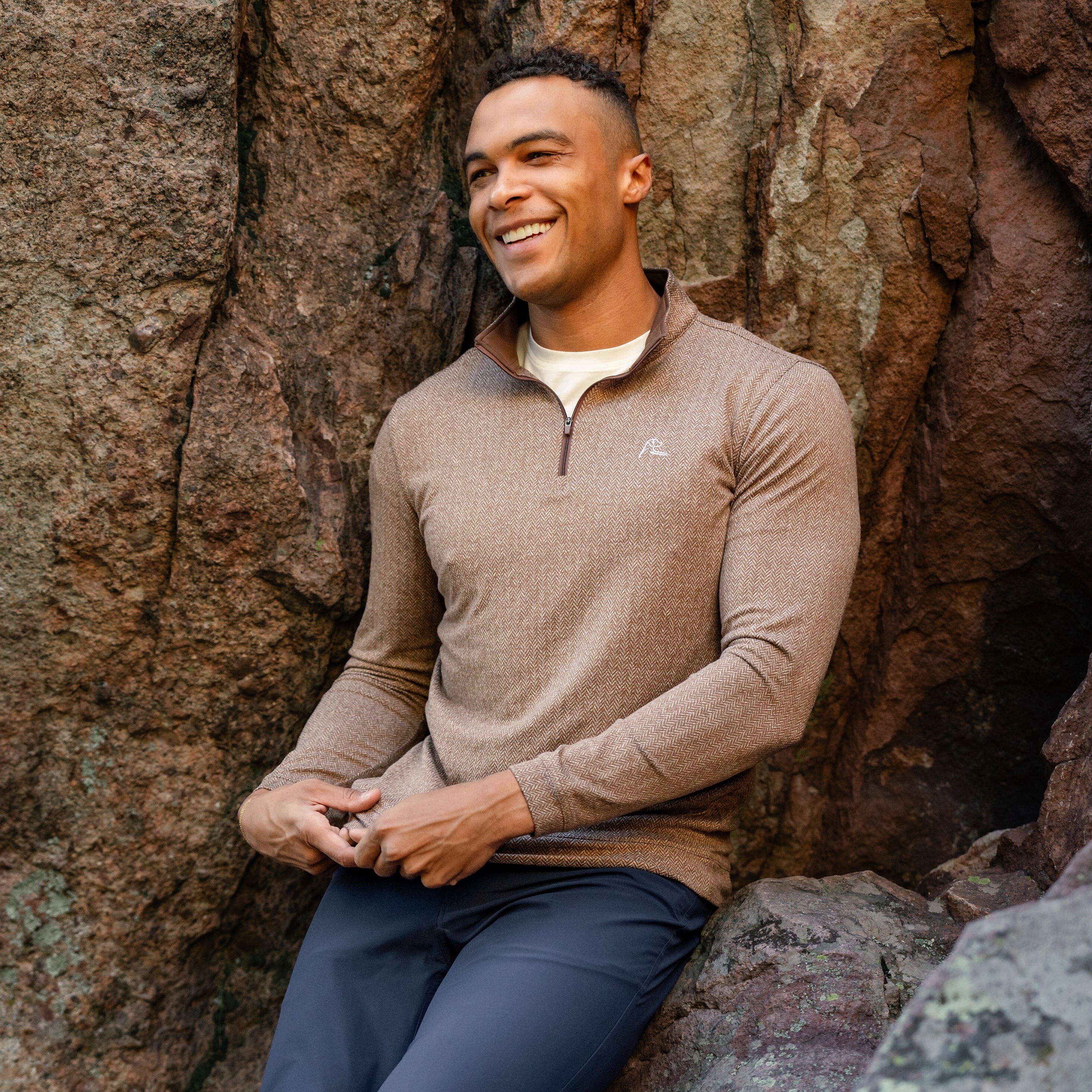 Herringbone Jacquard Q-Zip Saddle Brown/White