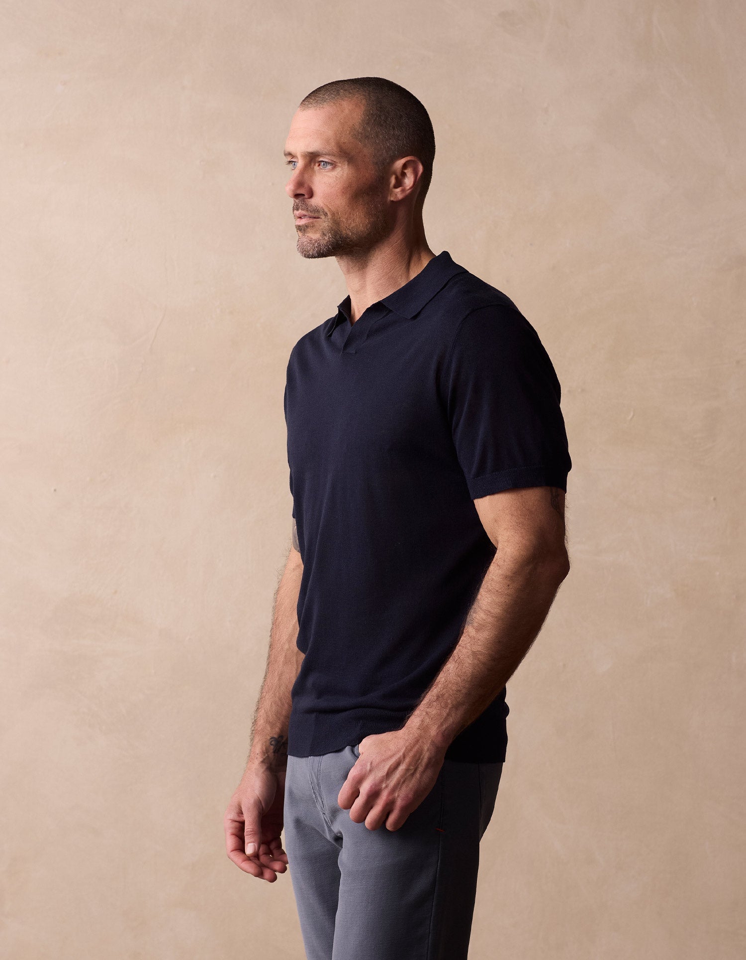 Summer Linen Blend Knit Polo Navy