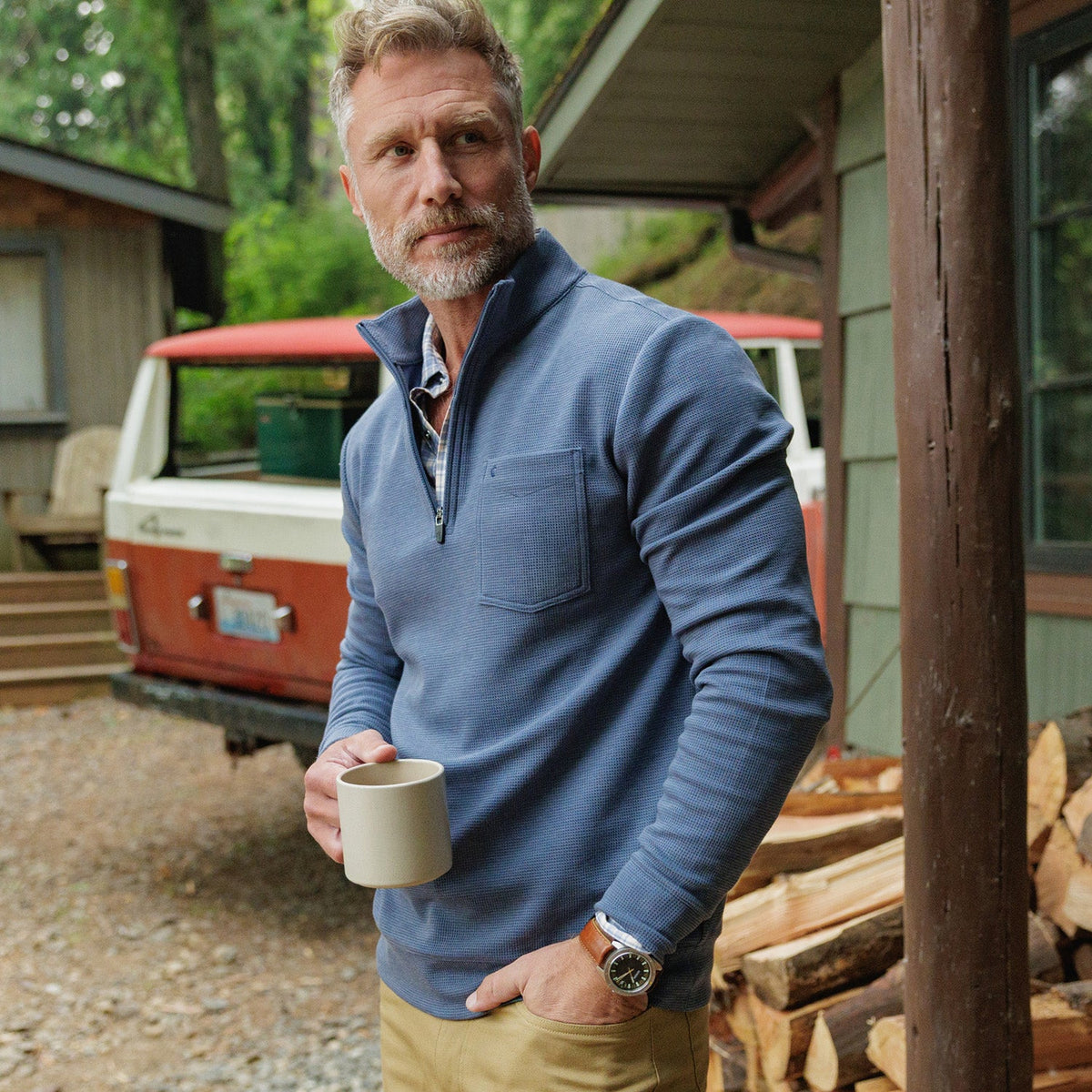 Waffle Stretch Quarter Zip Knit Pullover Dusk Navy