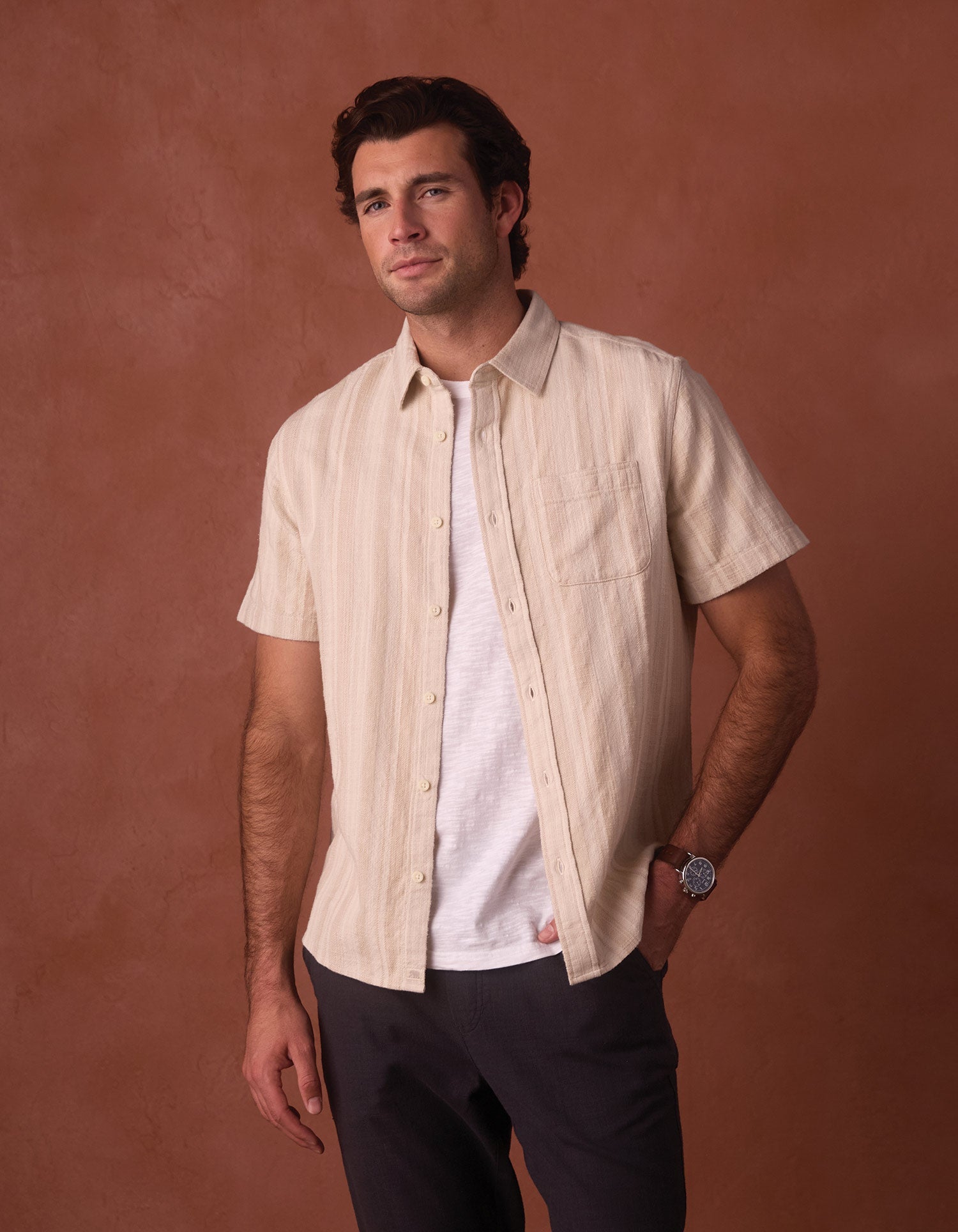 Freshwater Stripe Button Up Shirt Sandstone