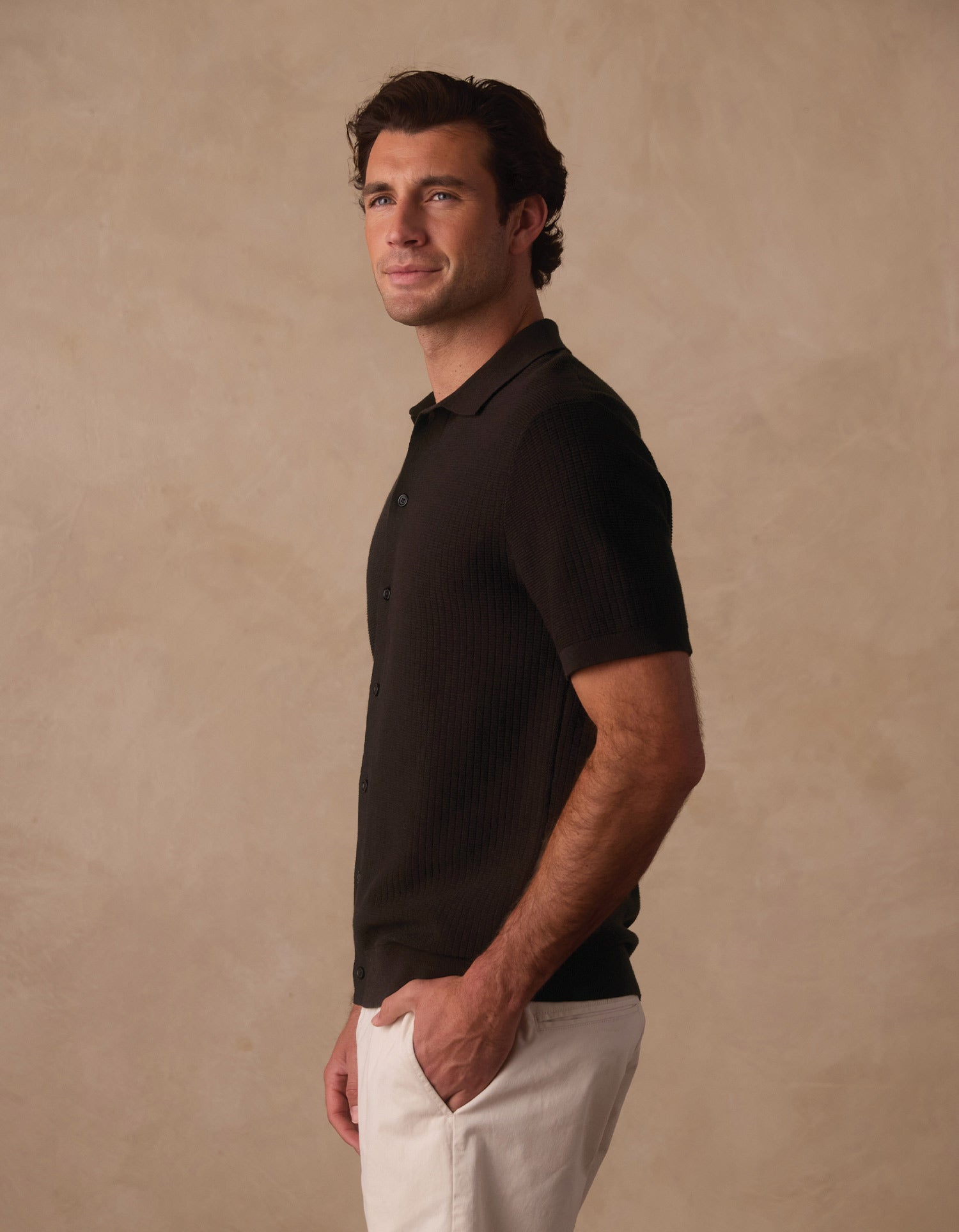 Breezeknit Short Sleeve Button Up Dark Brown