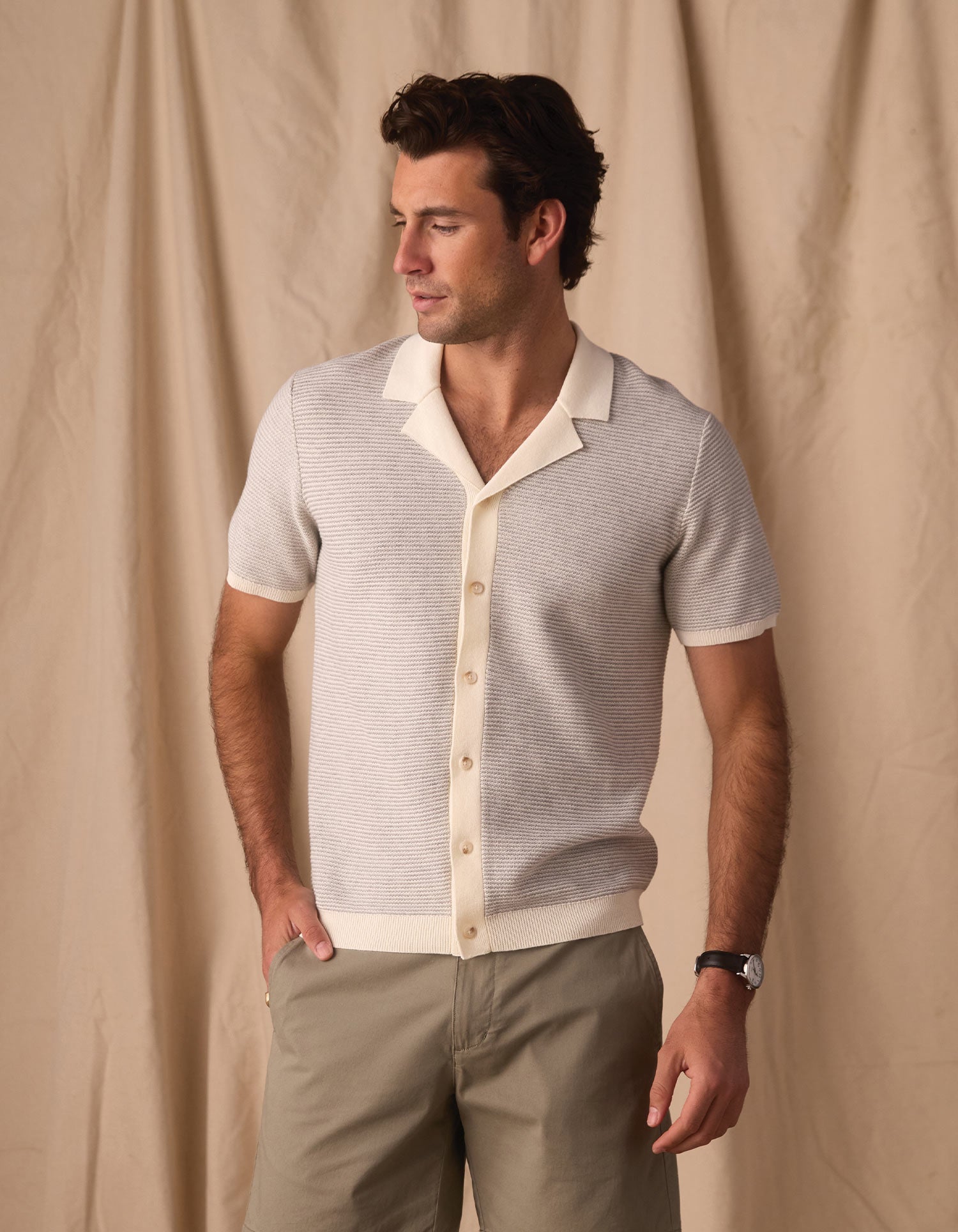 Robles Birdseye Knit Camp Shirt Cream/Grey