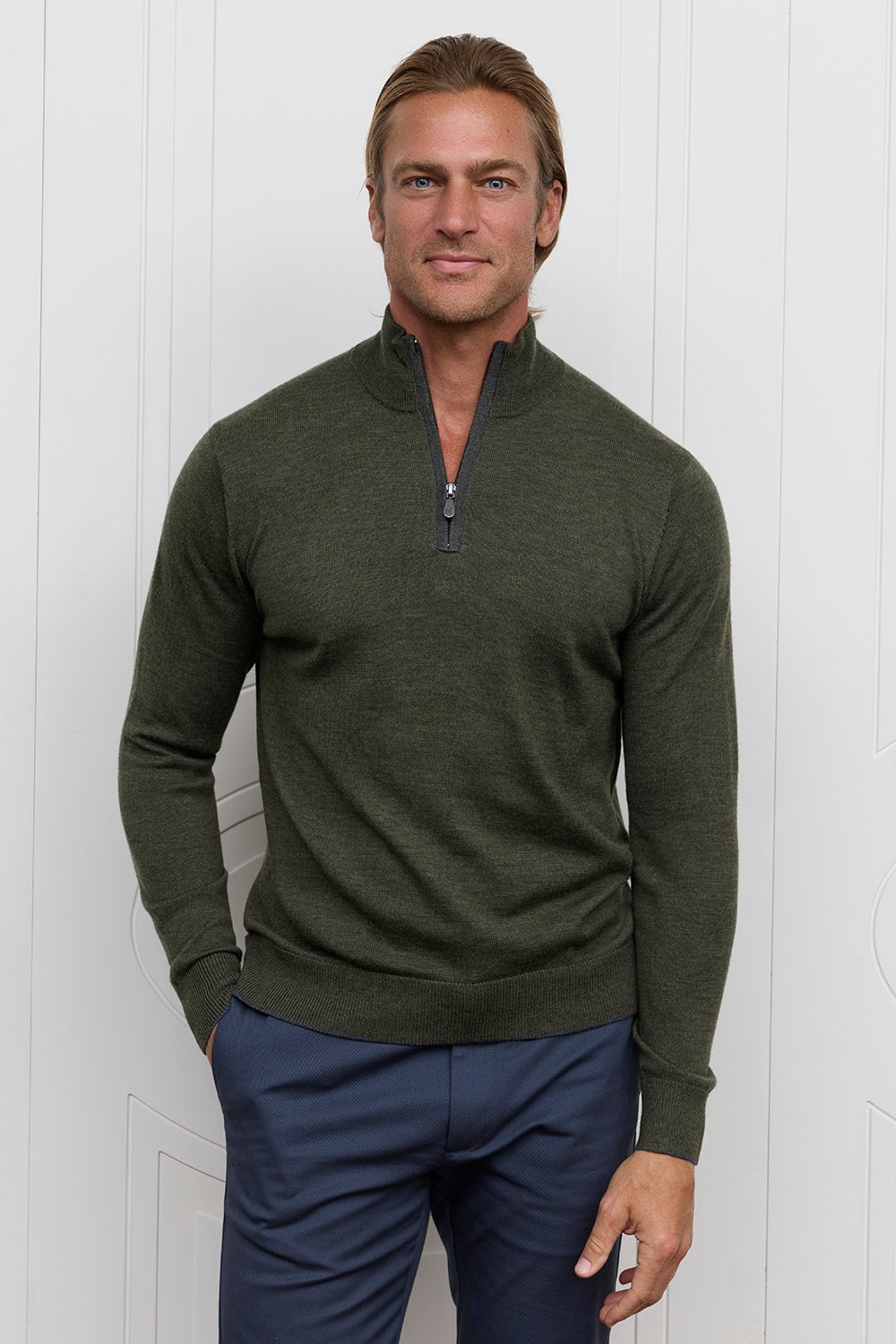 Long Sleeve 1/4 Zip Mock Neck Army