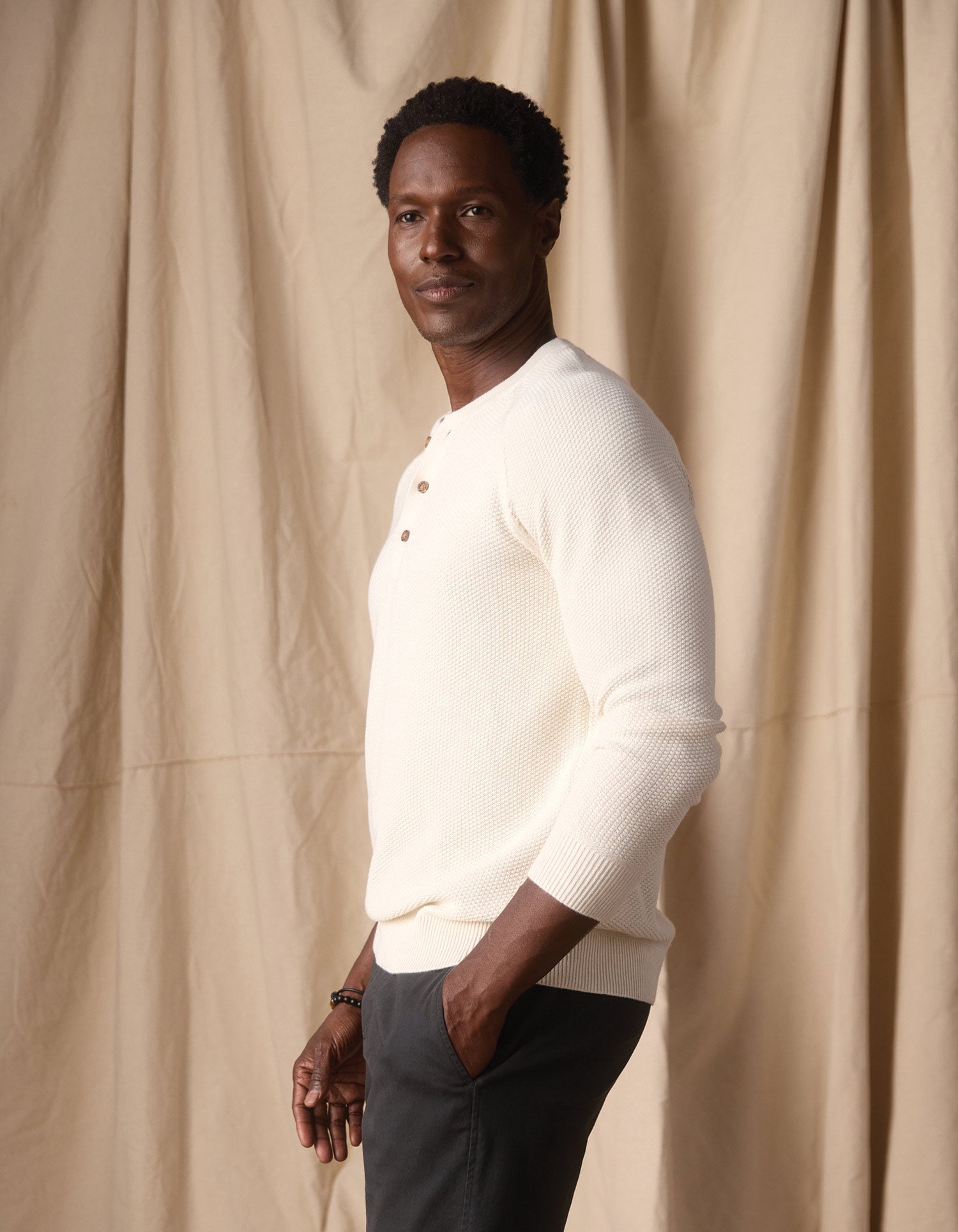 Coolmax Textured Sweater Henley Ivory