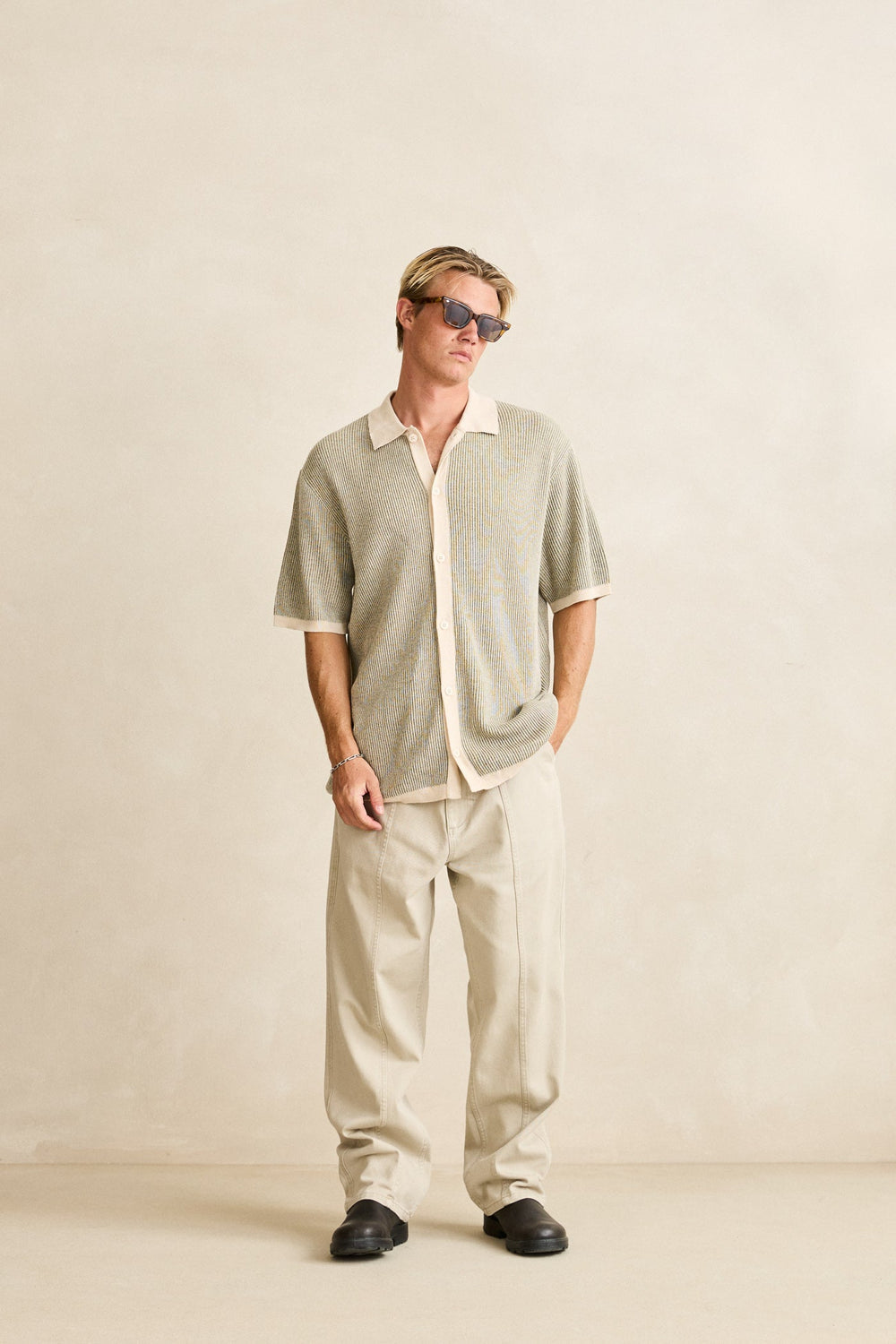 Hi Lo Knit Button Up Shirt Natural
