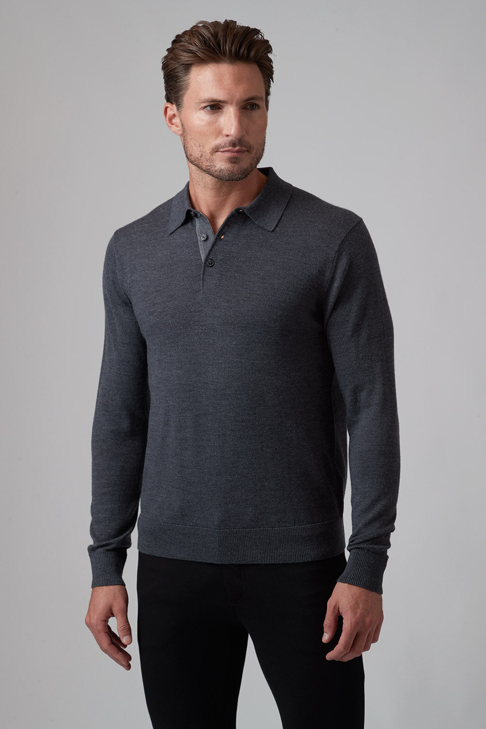 3 Button Merino Polo Charcoal
