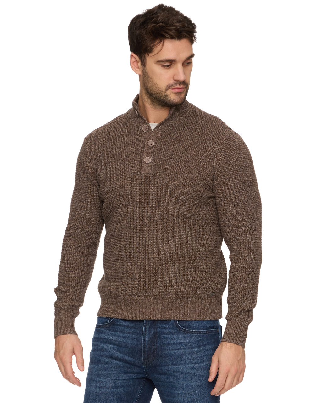 Denver Button Mock Neck Sweater Brown Heather