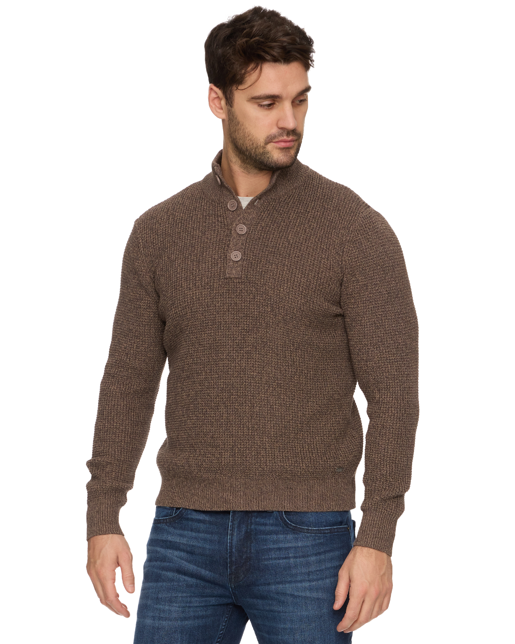 Denver Button Mock Neck Sweater Brown Heather
