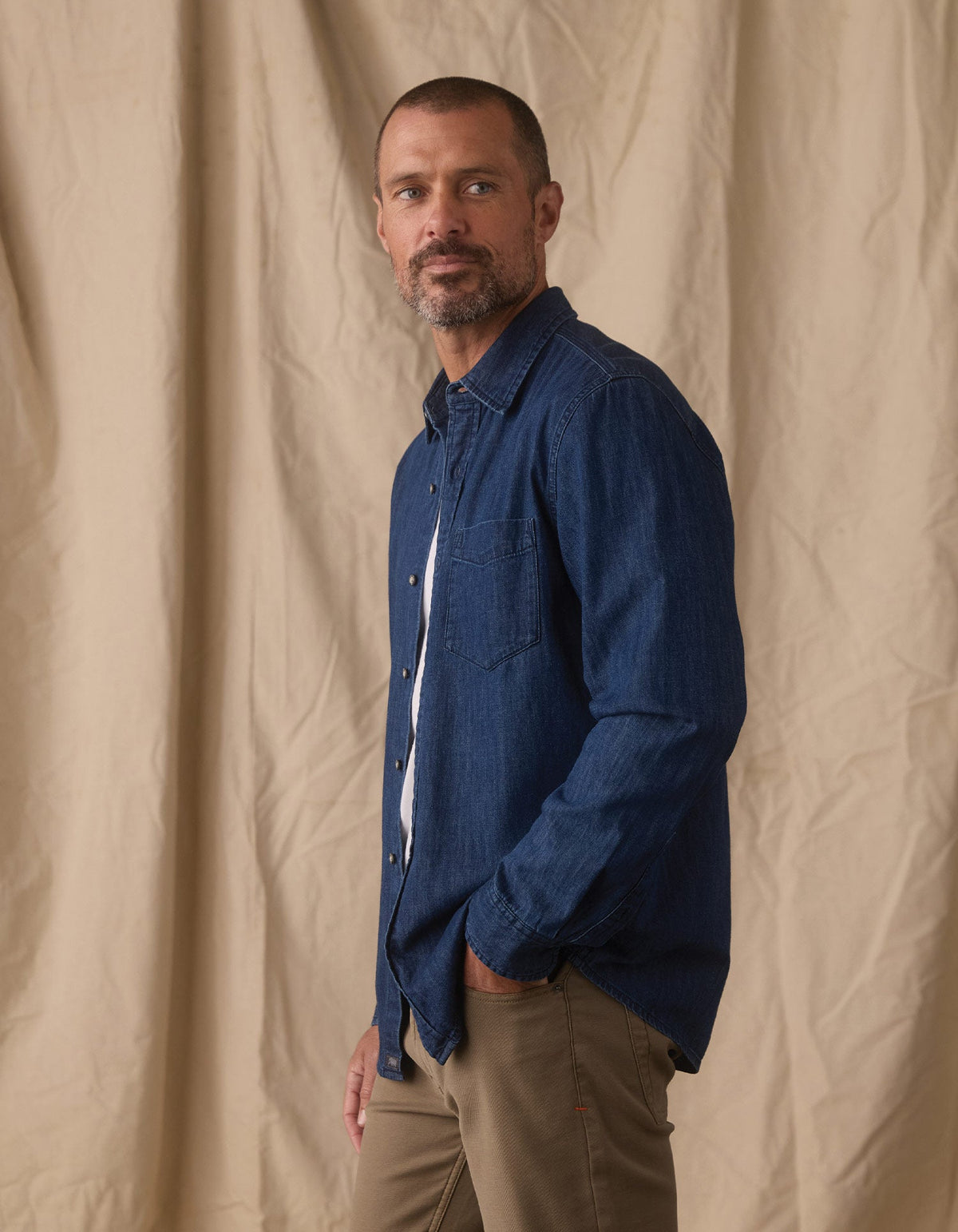 Cotton Denim LS Button Up Dark Wash