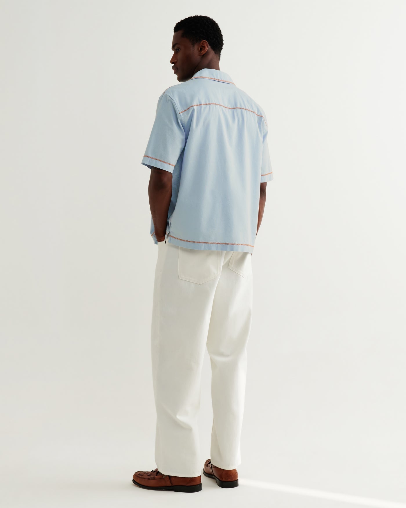 Keats Shirt in Dahlia Embroidery Light Blue/Rust