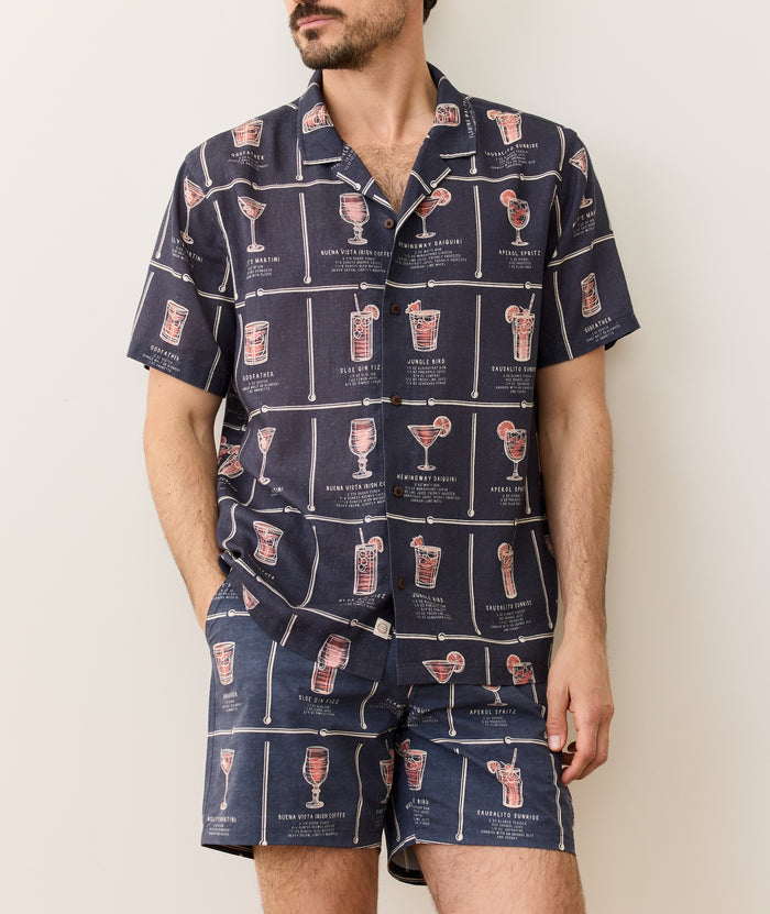 Tencel Linen Resort Shirt Navy Happy Hour Print