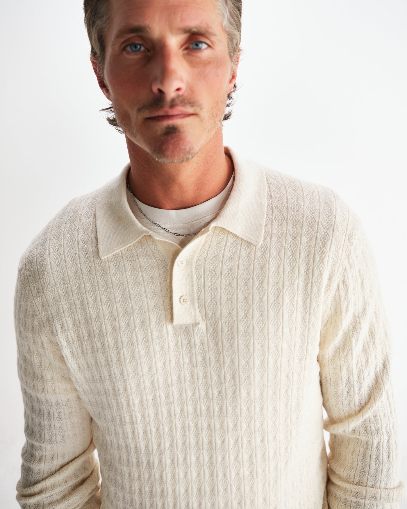 Oban Polo - Diamond Stripe Knit Ecru