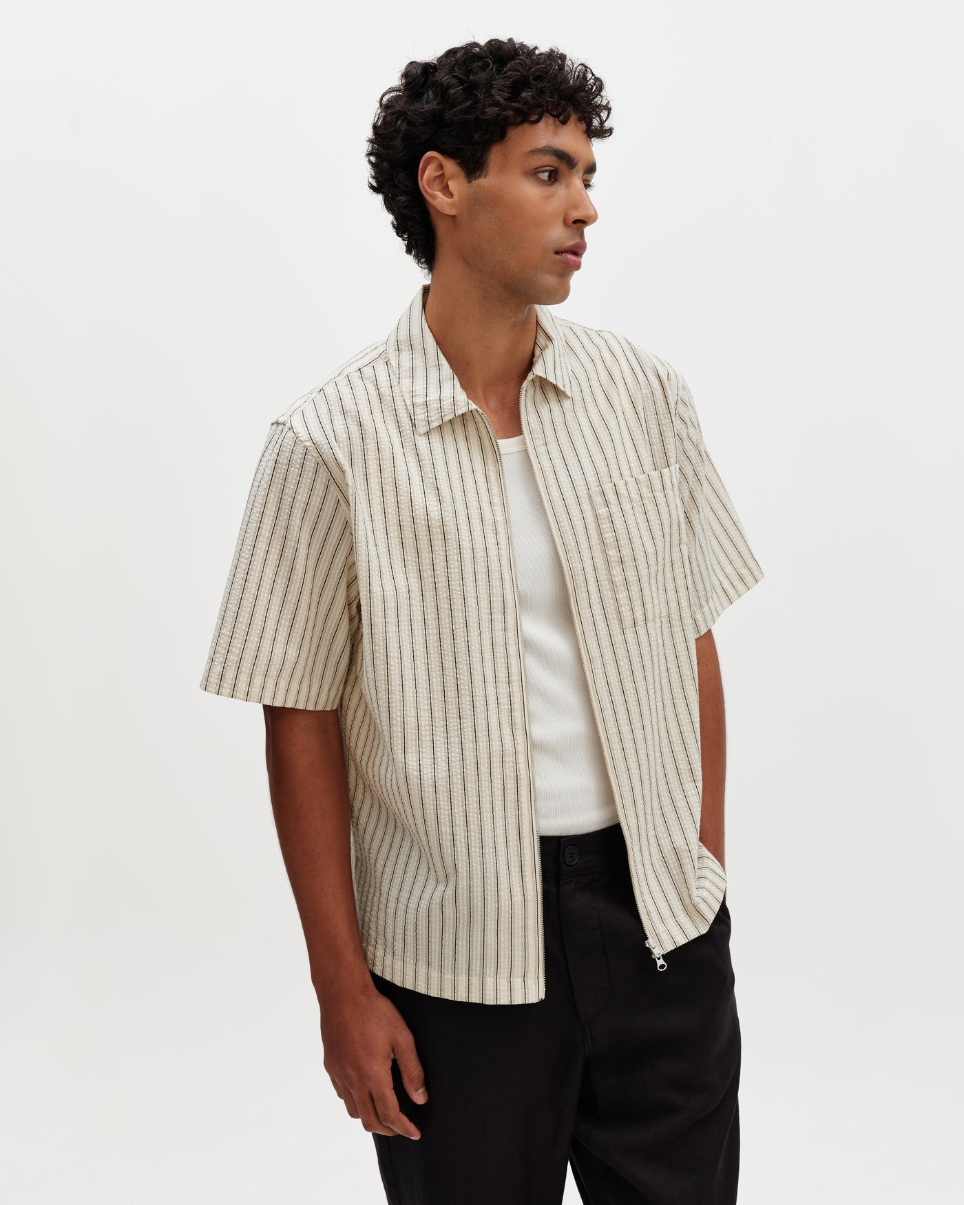 トップス sySkipper SeersuckerShirts Sears Seersucker Zip Shirt Natural/Navy