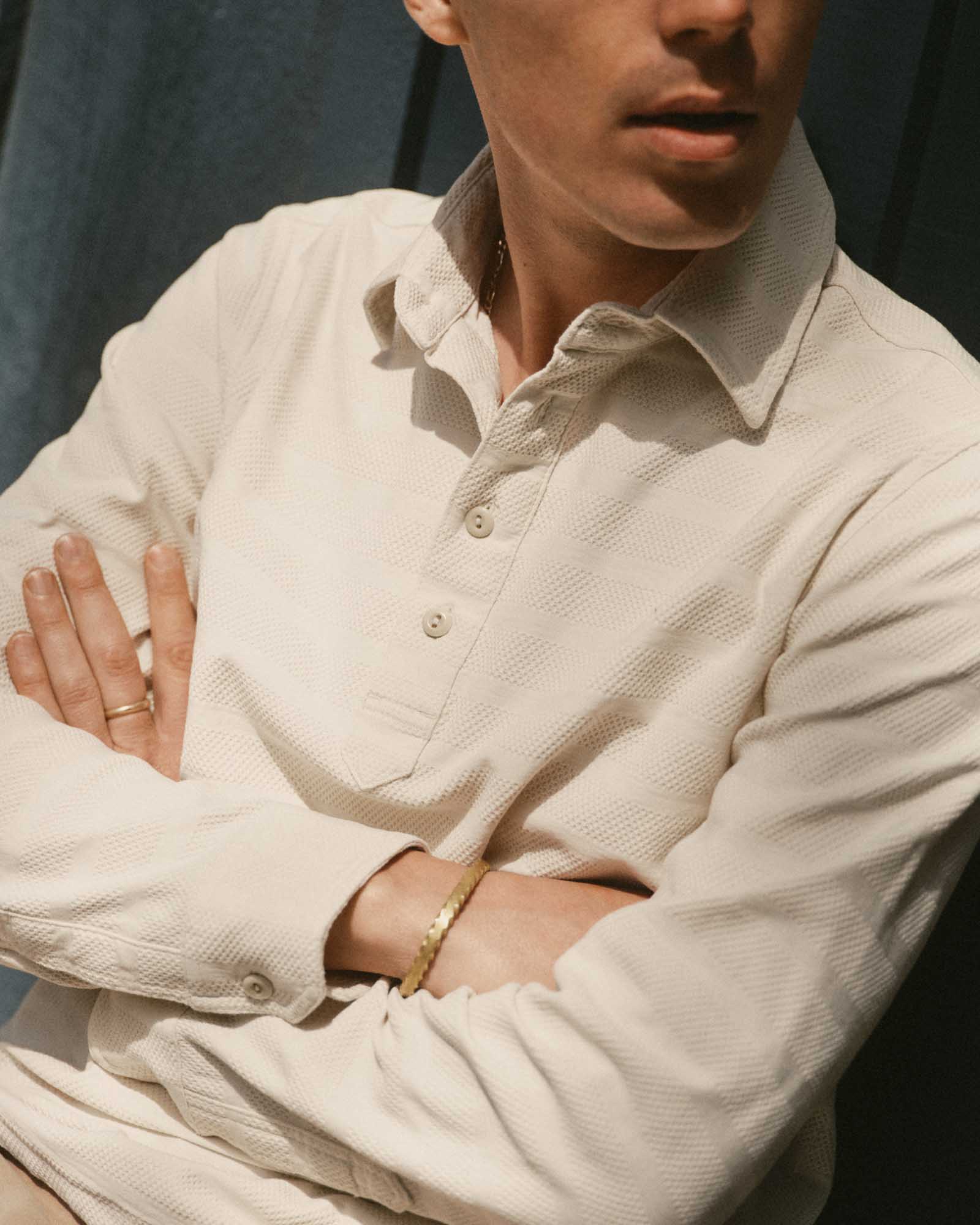 The Long Sleeve Knit Stripe Polo Vintage White