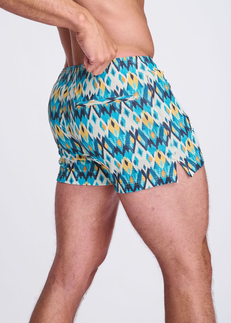Printed Seersucker Swim Shorts Teal/Gold Diamonds