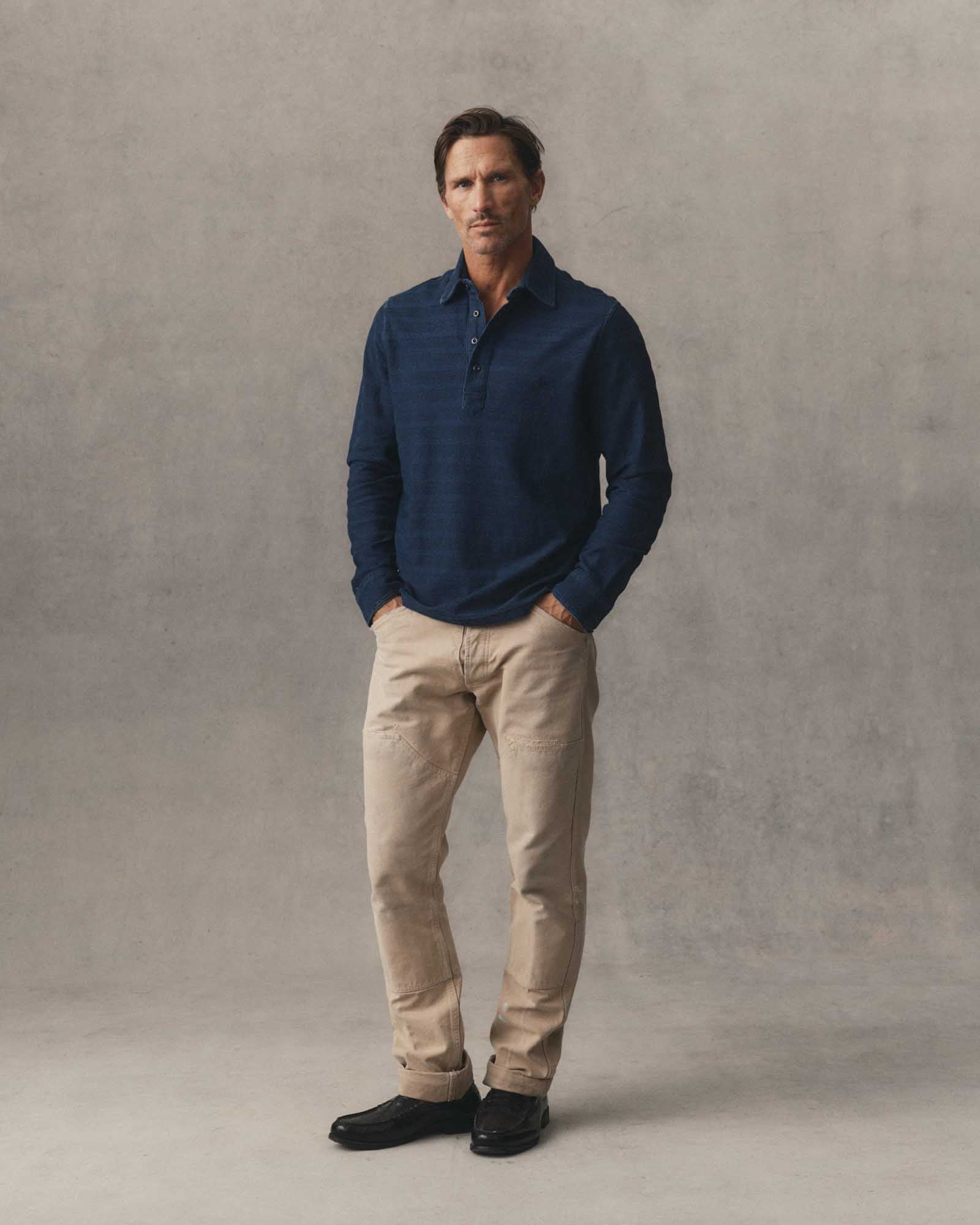 The Long Sleeve Knit Stripe Polo Indigo