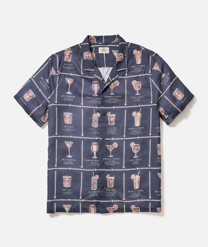 Tencel Linen Resort Shirt Navy Happy Hour Print