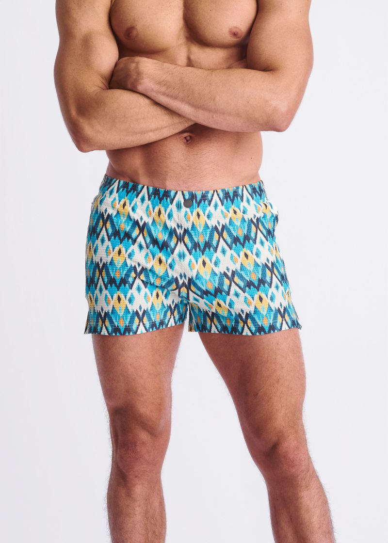 Printed Seersucker Swim Shorts Teal/Gold Diamonds