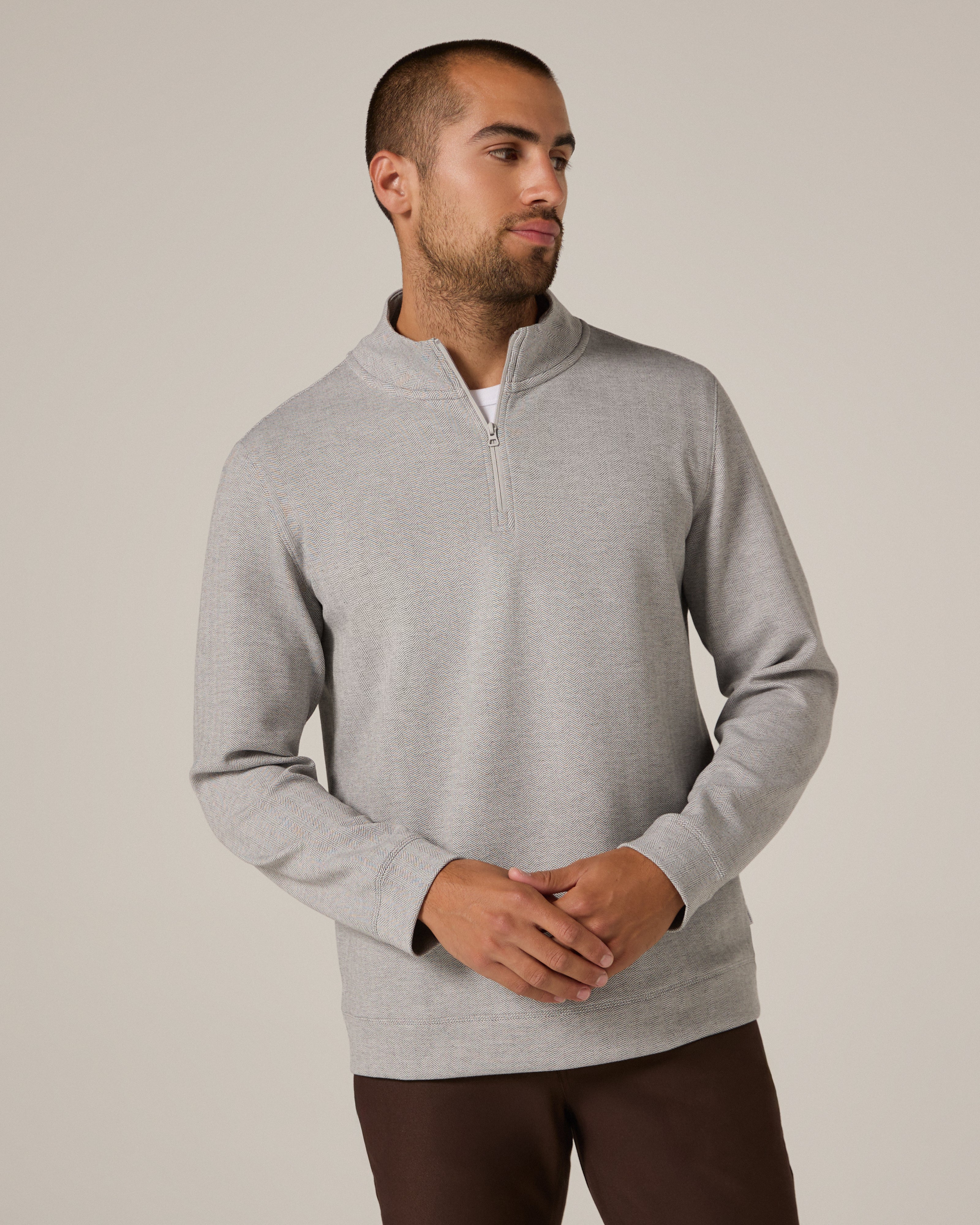 Ember Herringbone Quarter Zip Light Grey