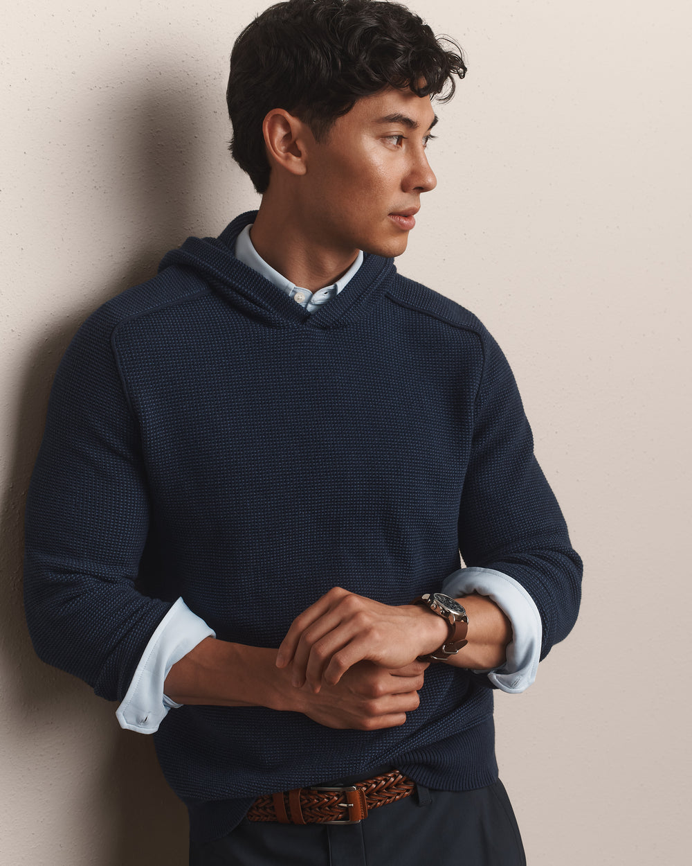 Fine Knit Sweater Hoodie True Navy Heather