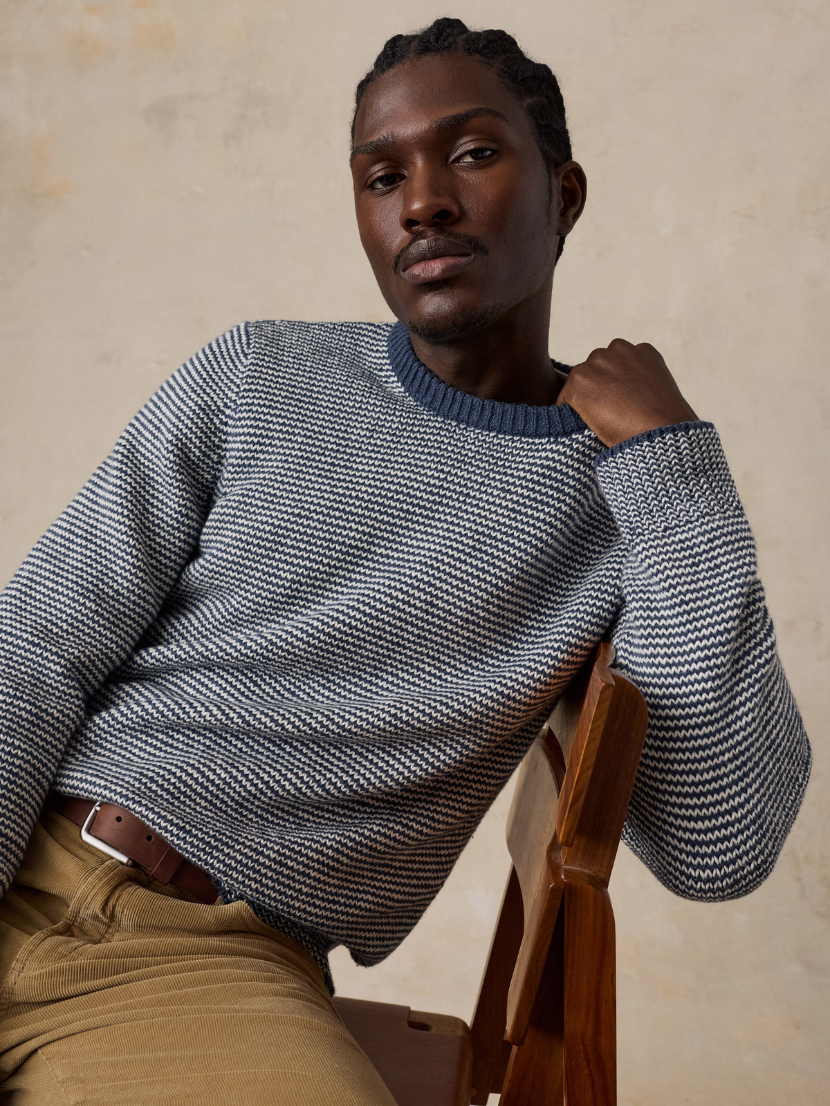 Heirloom Crewneck Sweater Ivory Navy Feeder