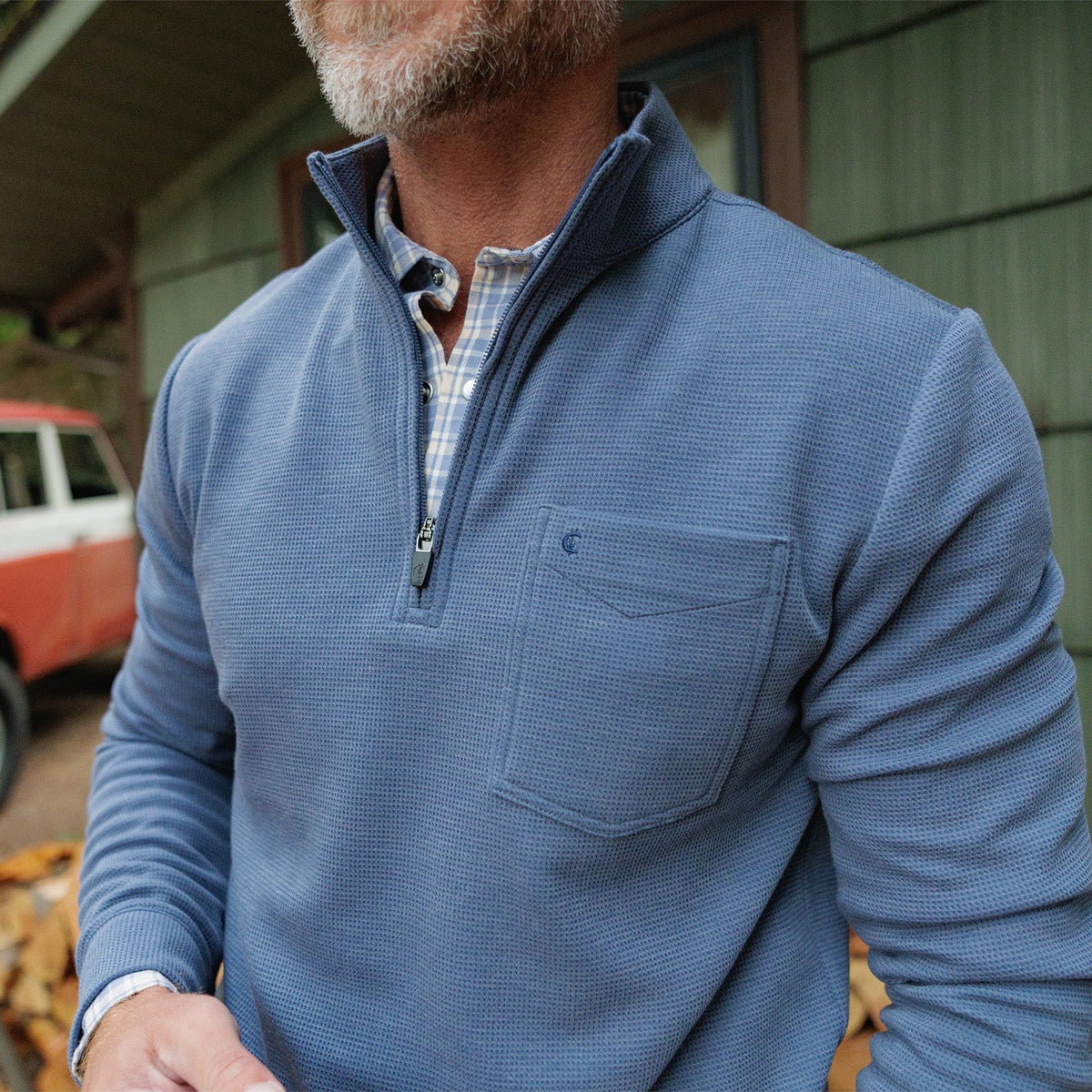 Waffle Stretch Quarter Zip Knit Pullover Dusk Navy