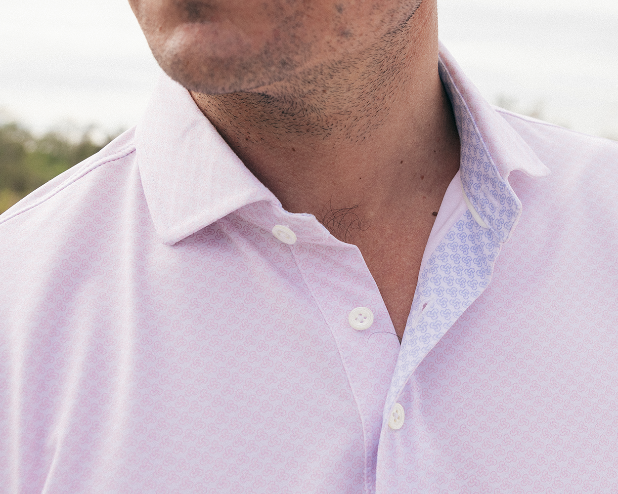 Dalton Printed Performance Jersey Knit Polo Scotch Pink