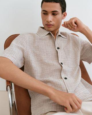 Linen Camp Shirt in Mini Textured Check Morel Multi