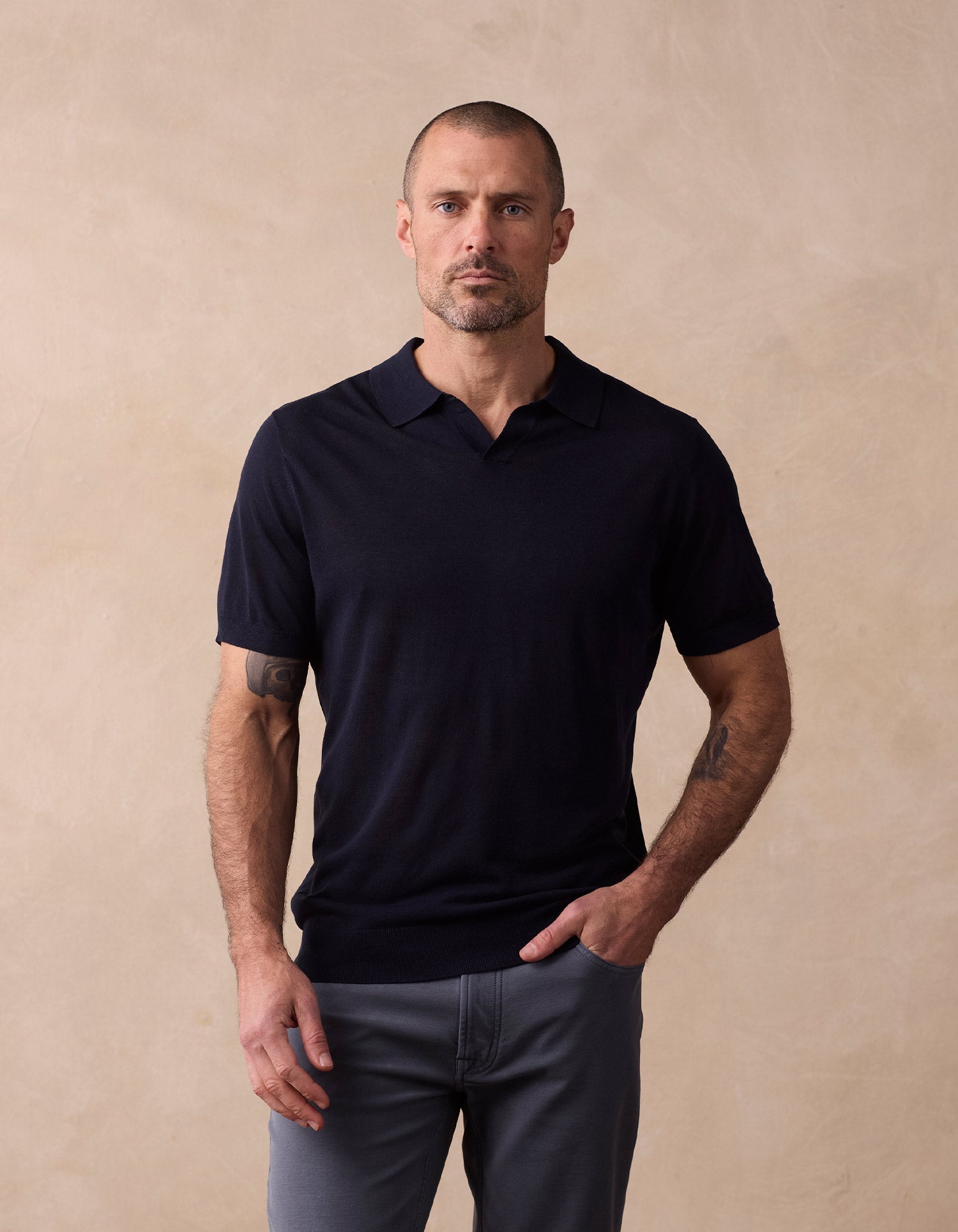 Summer Linen Blend Knit Polo Navy